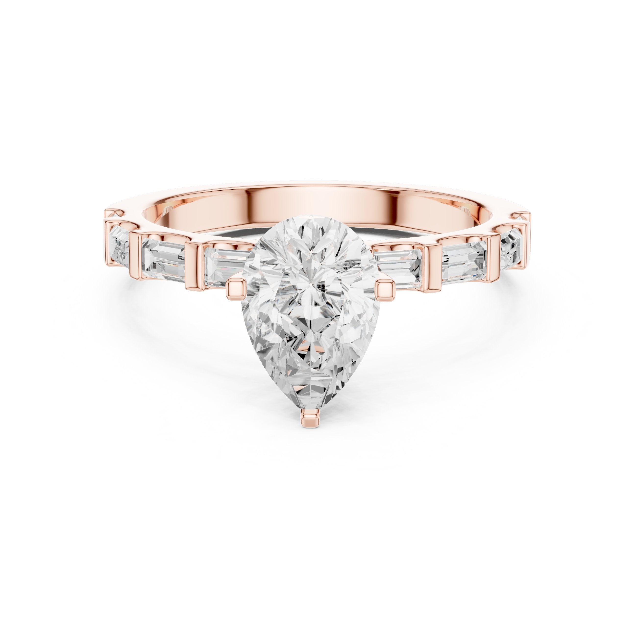 Pear Diamond Engagement Ring with Alternating Baguette and Round Band in Rose Gold - VYKA Diamonds