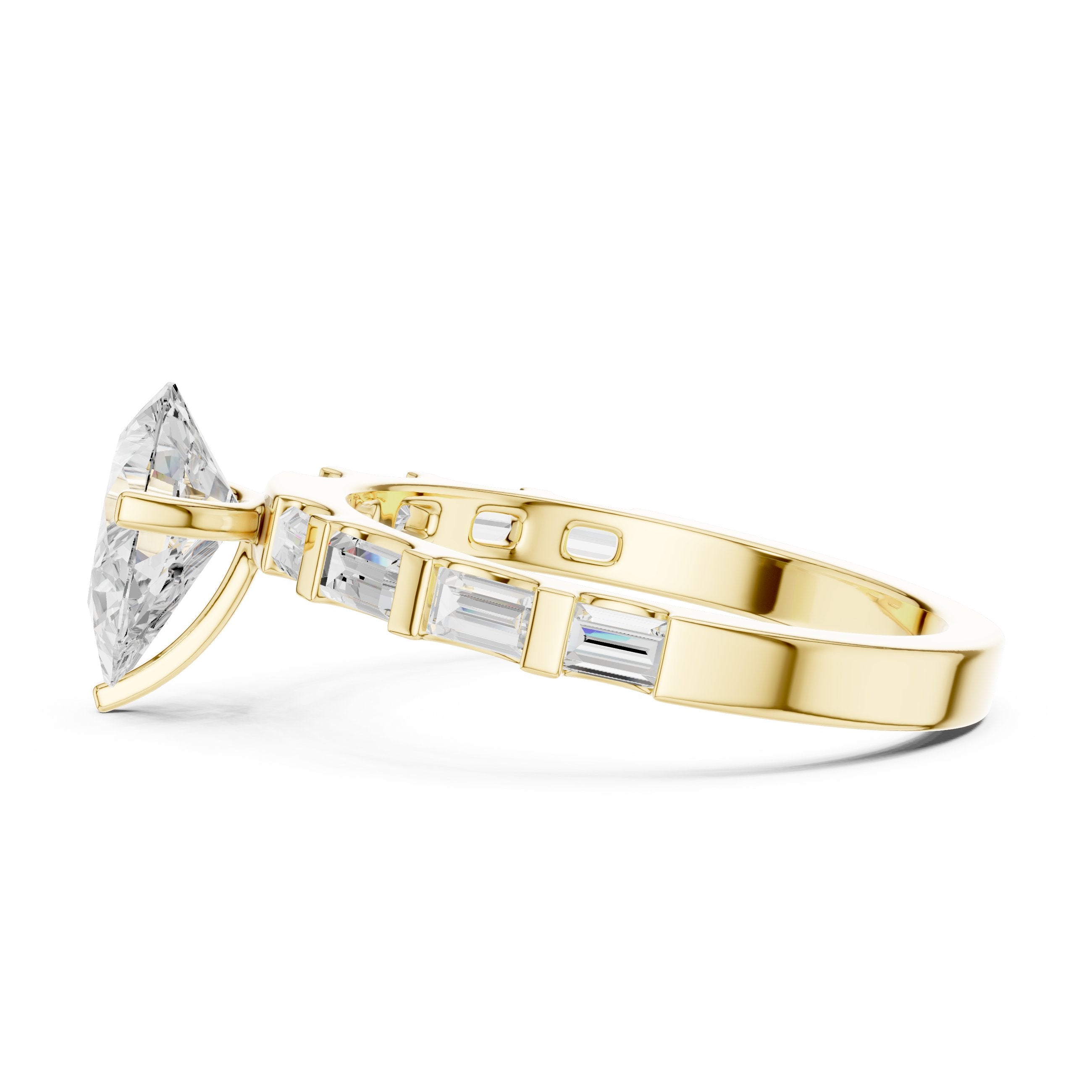 Pear Diamond Engagement Ring with Alternating Baguette and Round Band in Yellow Gold - VYKA Diamonds