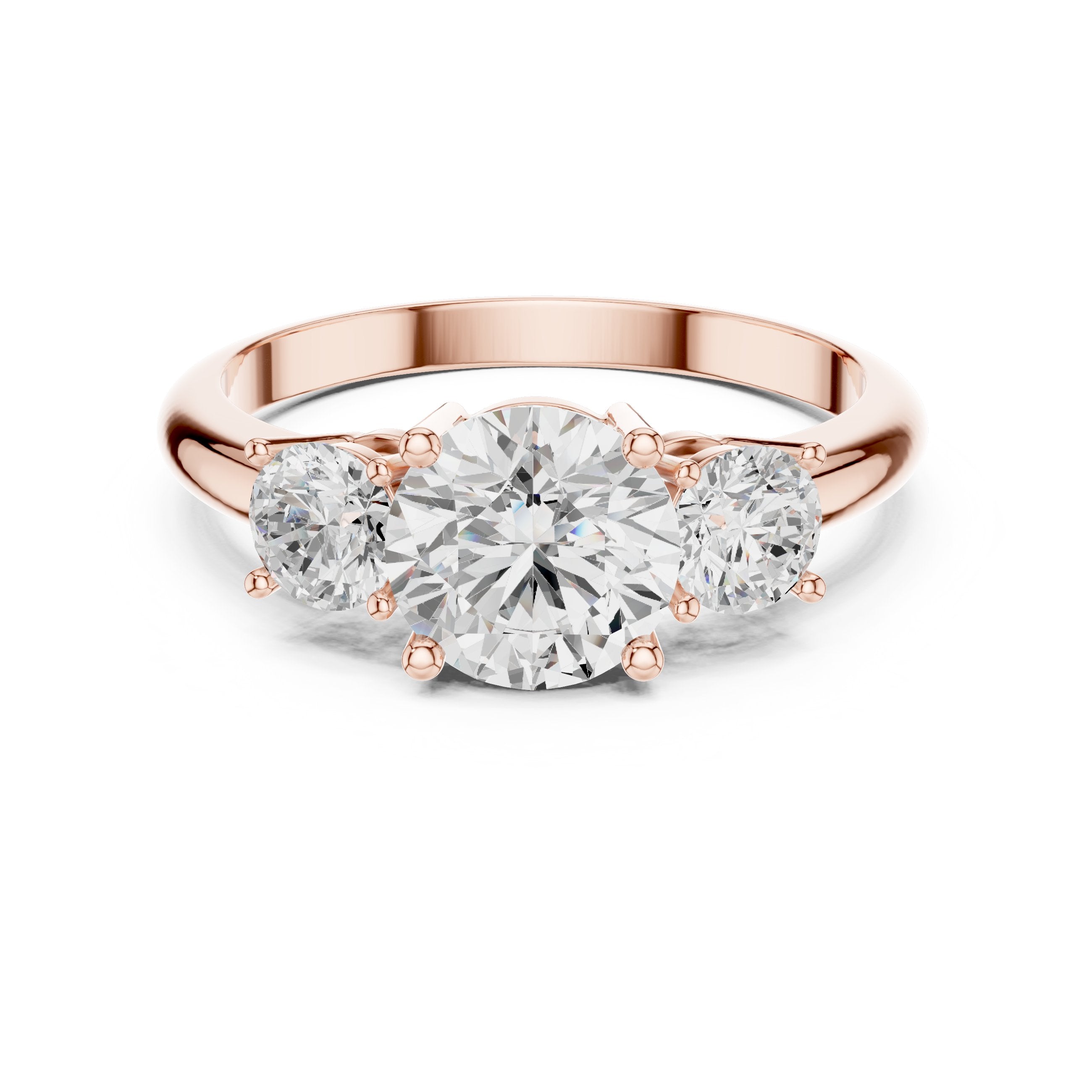 Round Diamond Three Stone Engagement Ring in Rose Gold - VYKA Diamonds