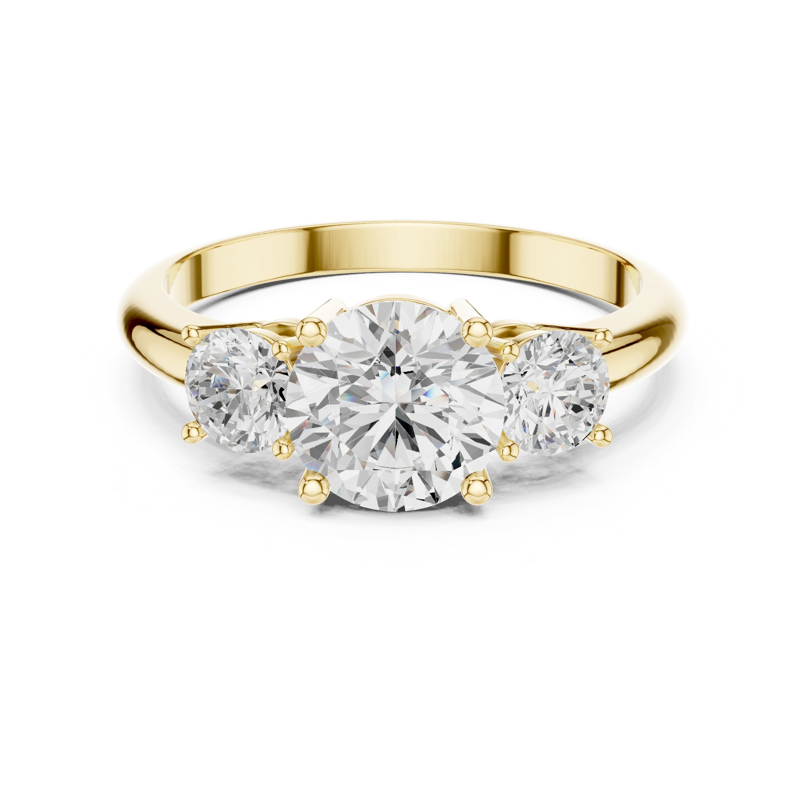 Round Diamond Three Stone Engagement Ring in Yellow Gold - VYKA Diamonds
