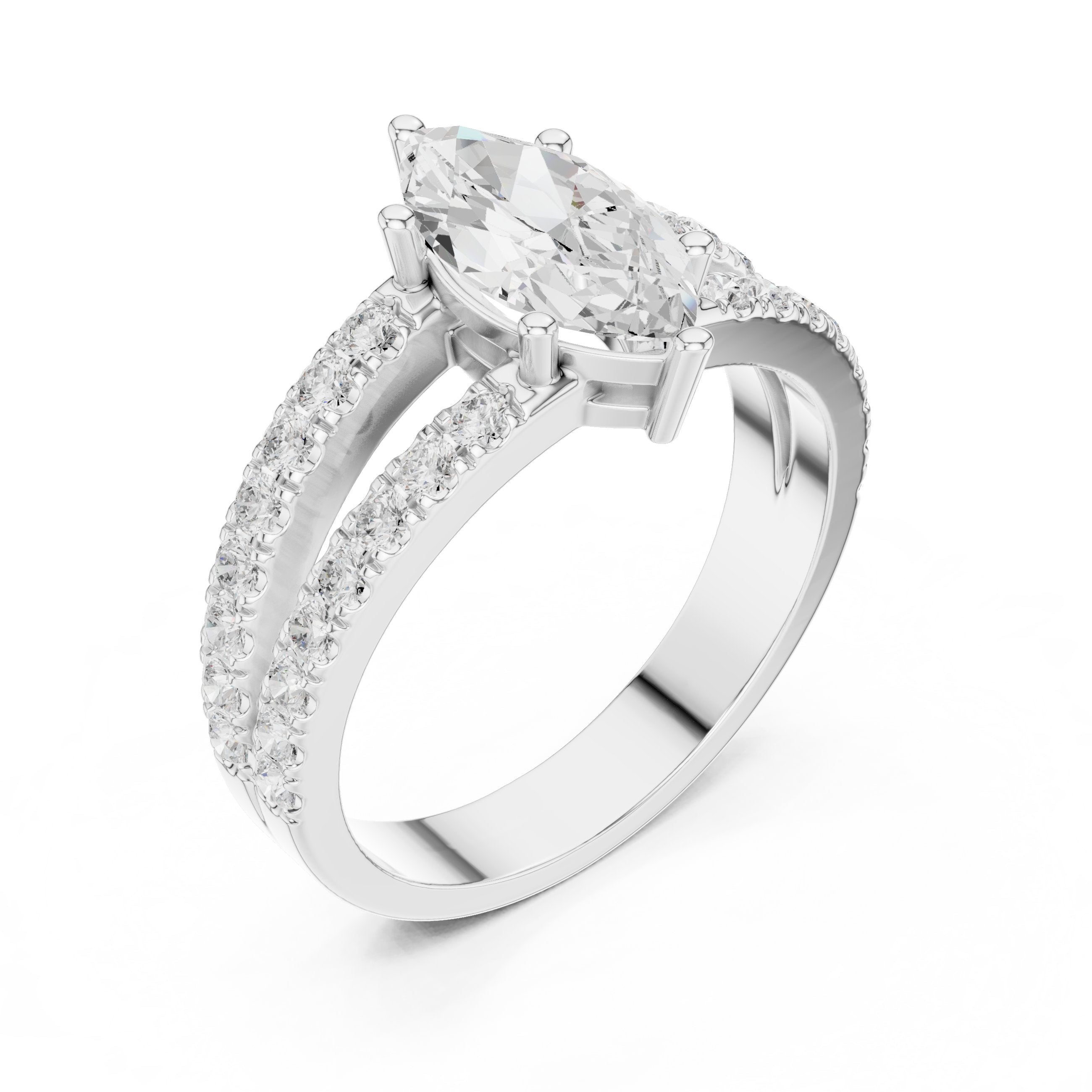 Marquise Cut Engagement Ring with Channel Set Split Shank Band in White Gold - VYKA Diamonds