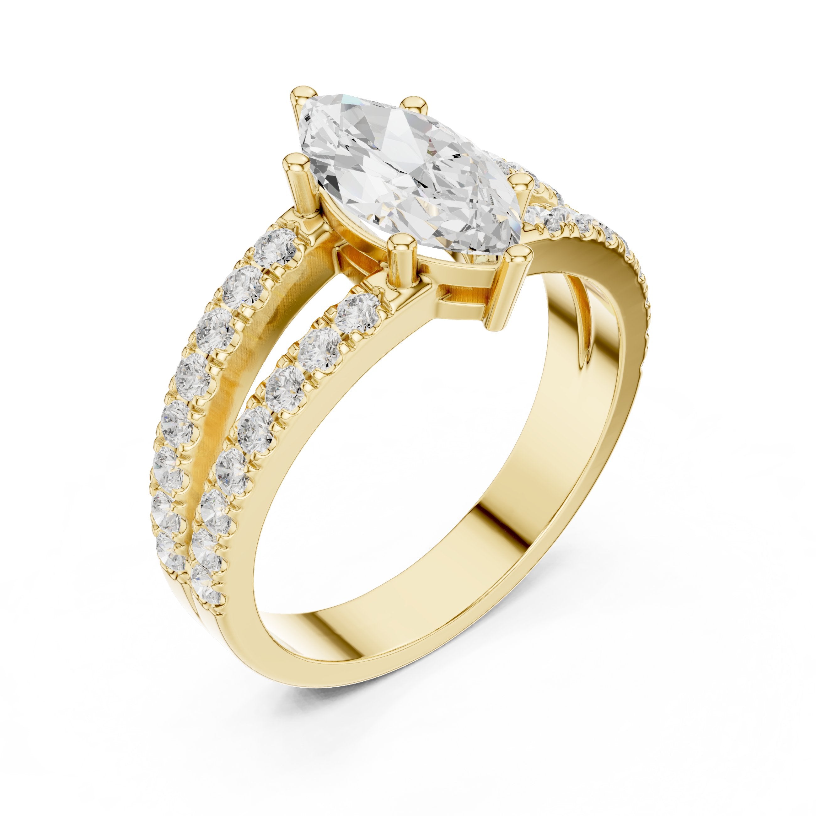 Marquise Cut Engagement Ring with Channel Set Split Shank Band in Yellow Gold - VYKA Diamonds