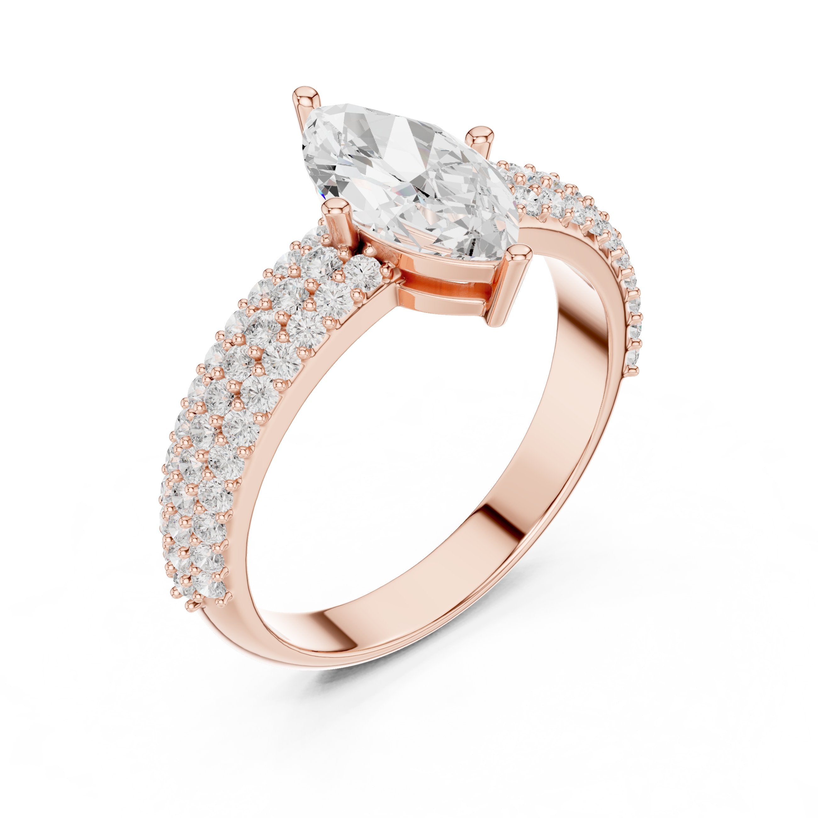 Marquise Cut Engagement Ring with Double Pavé Band in Rose Gold - VYKA Diamonds