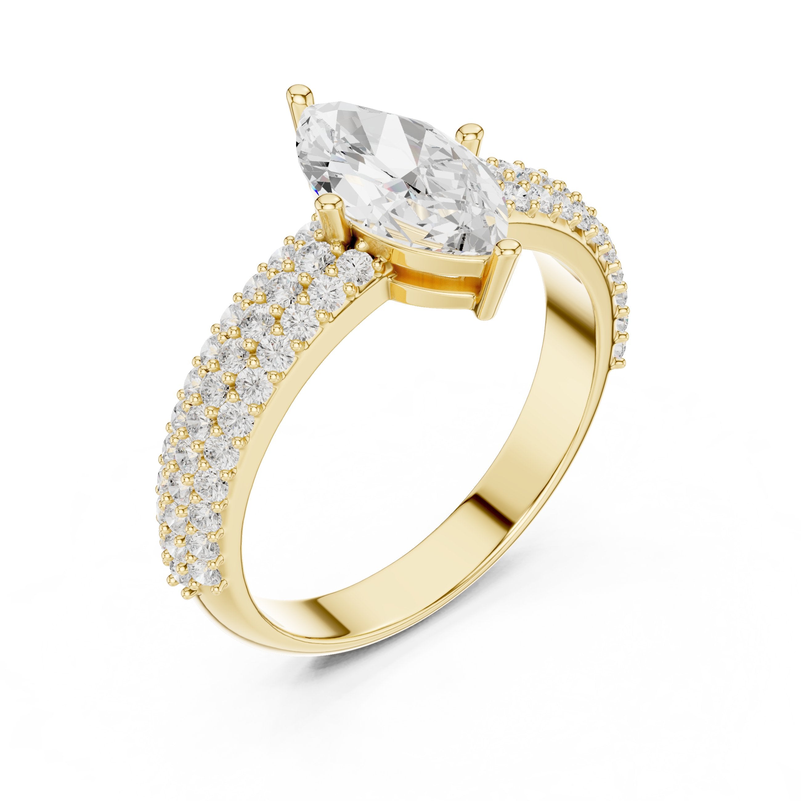Marquise Cut Engagement Ring with Double Pavé Band in Yellow Gold - VYKA Diamonds