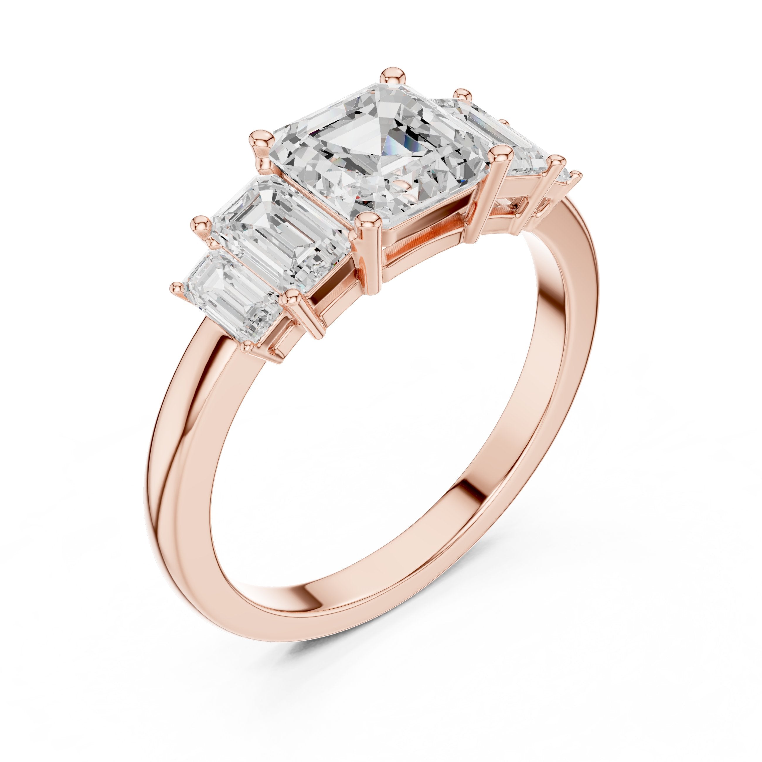 Emerald and Baguette Five Stone Diamond Ring in Rose Gold - VYKA Diamonds