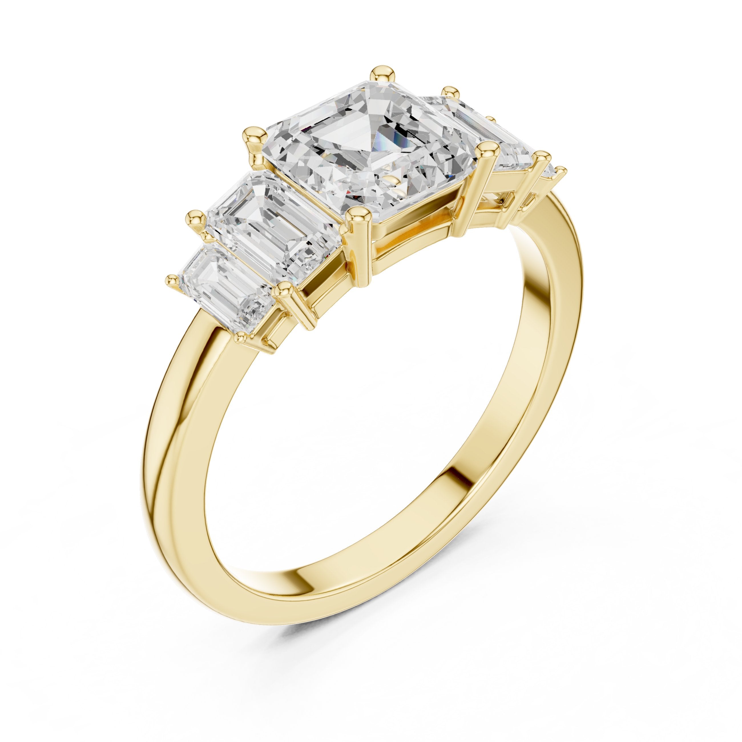 Emerald and Baguette Five Stone Diamond Ring in Yellow Gold - VYKA Diamonds
