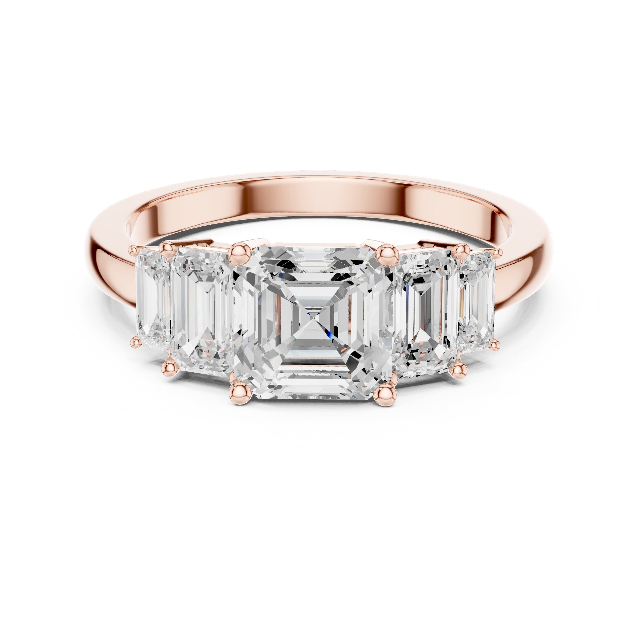 Emerald and Baguette Five Stone Diamond Ring in Rose Gold - VYKA Diamonds