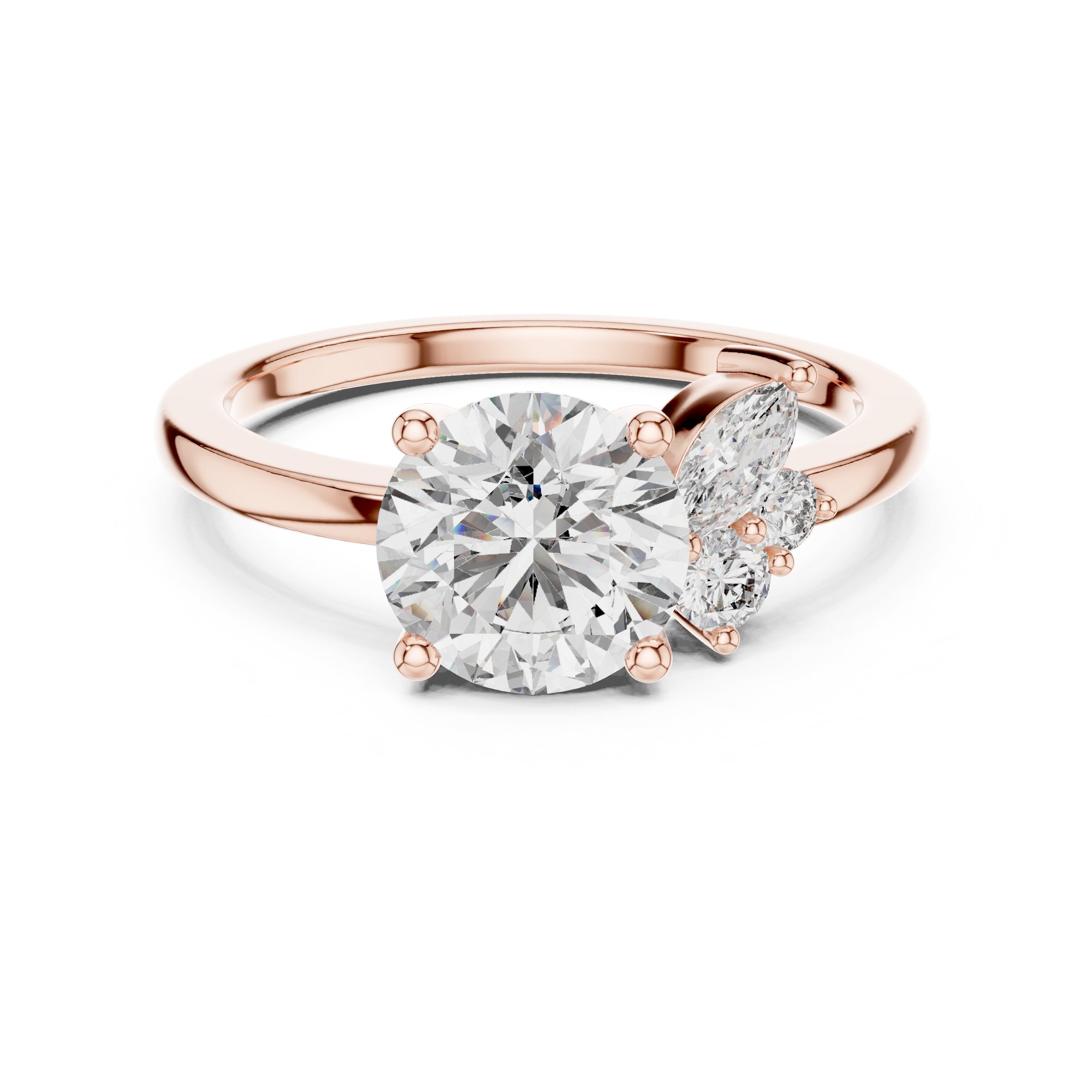 Round Diamond Engagement Ring with Side Marquise Cluster Accents in Rose Gold - VYKA Diamonds