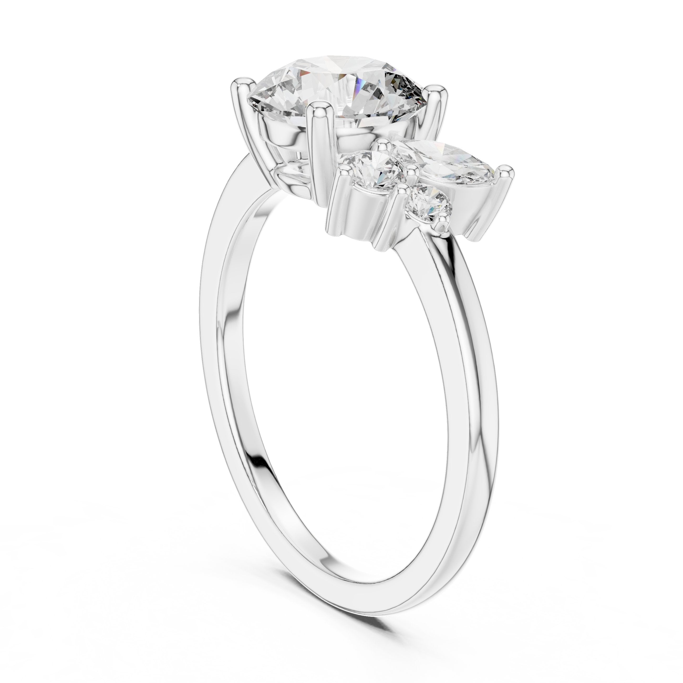 Round Diamond Engagement Ring with Side Marquise Cluster Accents in White Gold - VYKA Diamonds