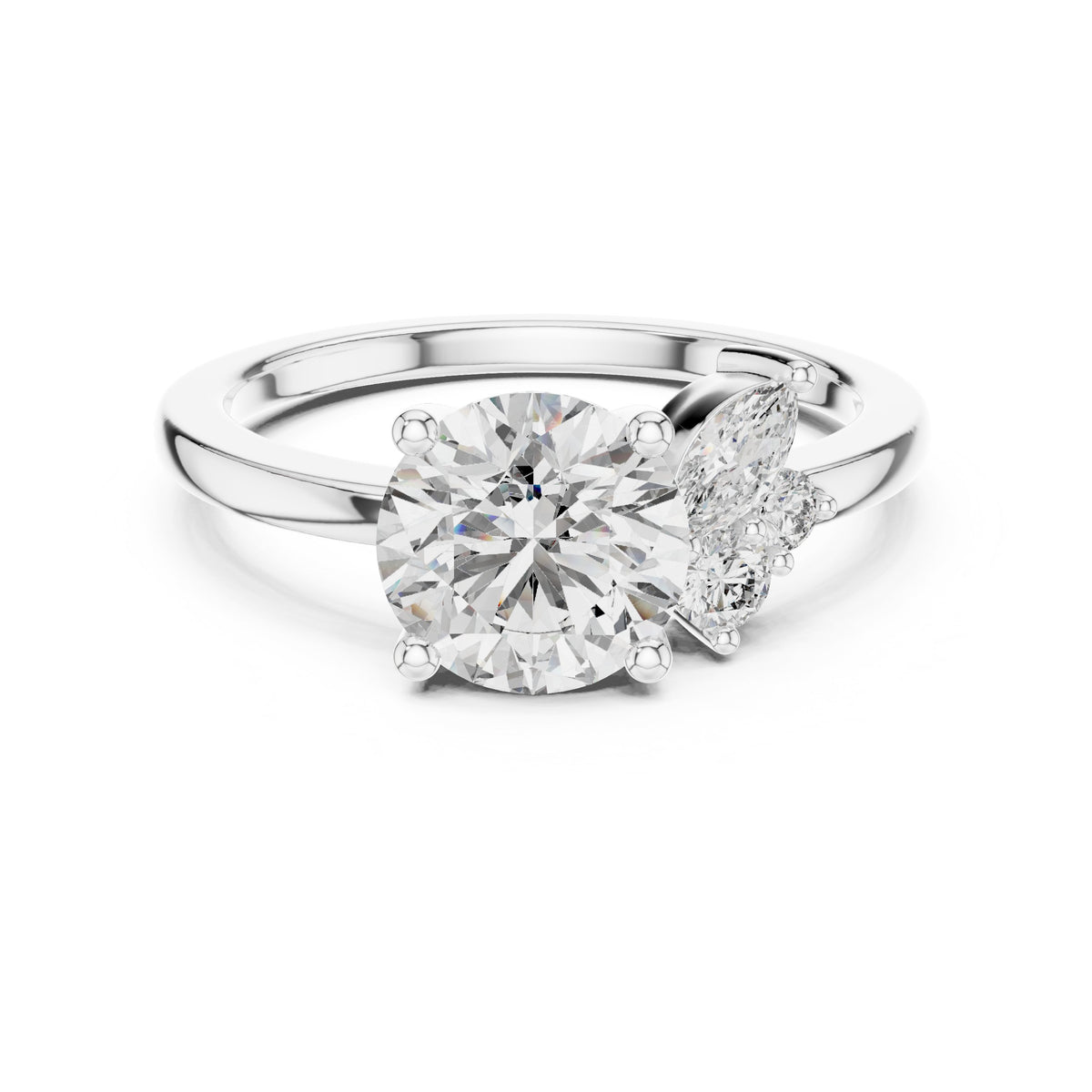 Round Diamond Engagement Ring with Side Marquise Cluster Accents