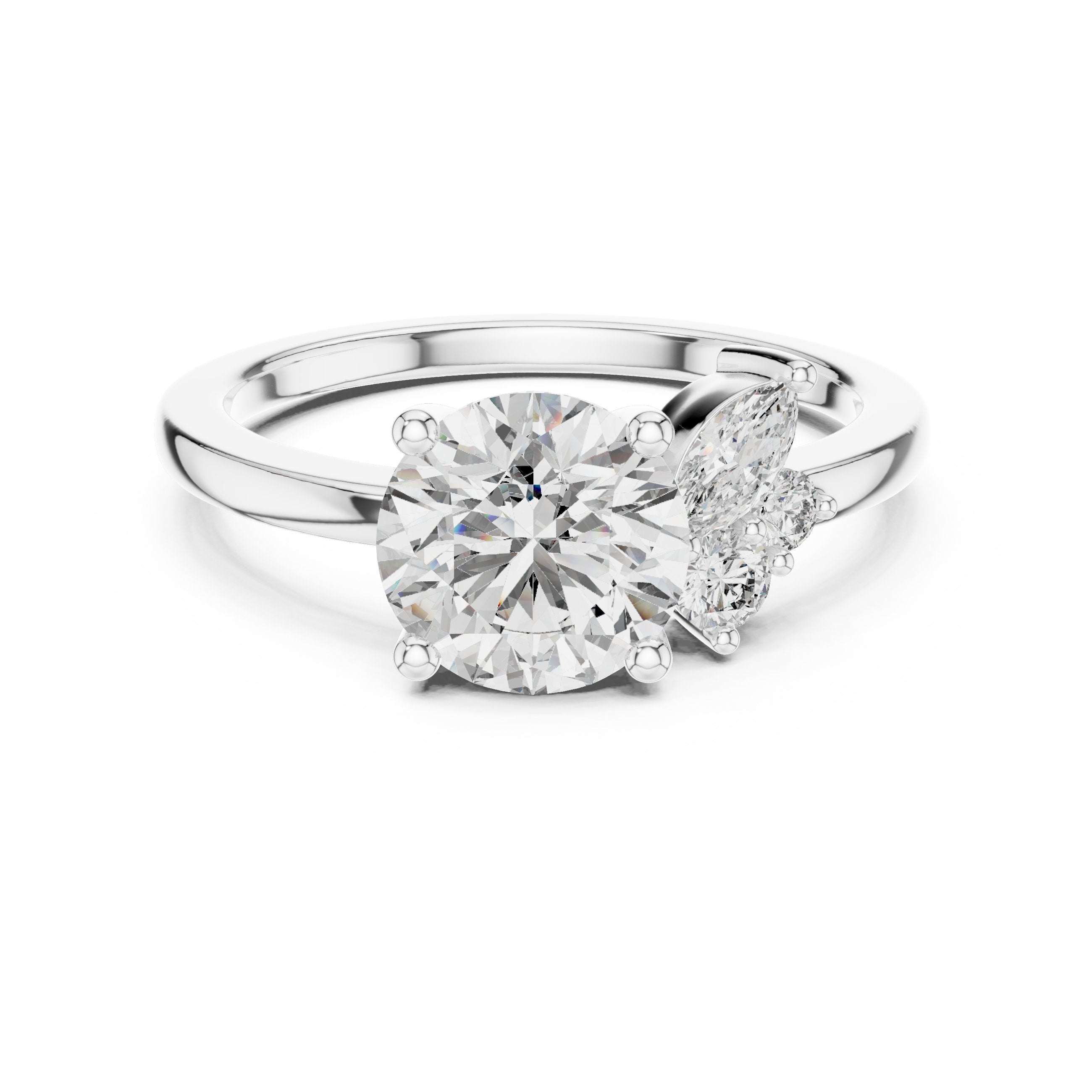 Round Diamond Engagement Ring with Side Marquise Cluster Accents in White Gold - VYKA Diamonds