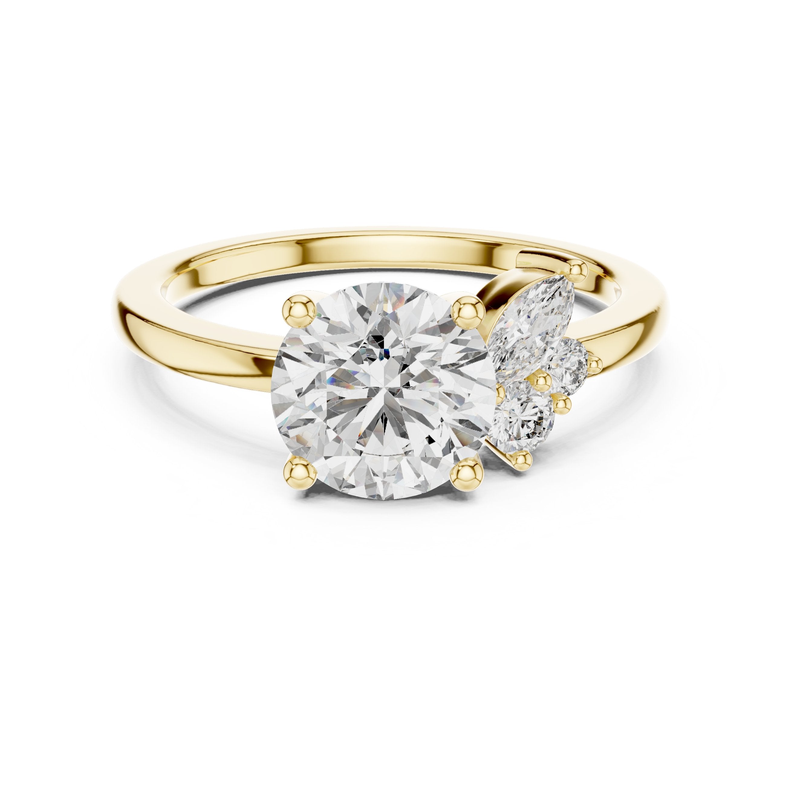 Round Diamond Engagement Ring with Side Marquise Cluster Accents in Yellow Gold - VYKA Diamonds