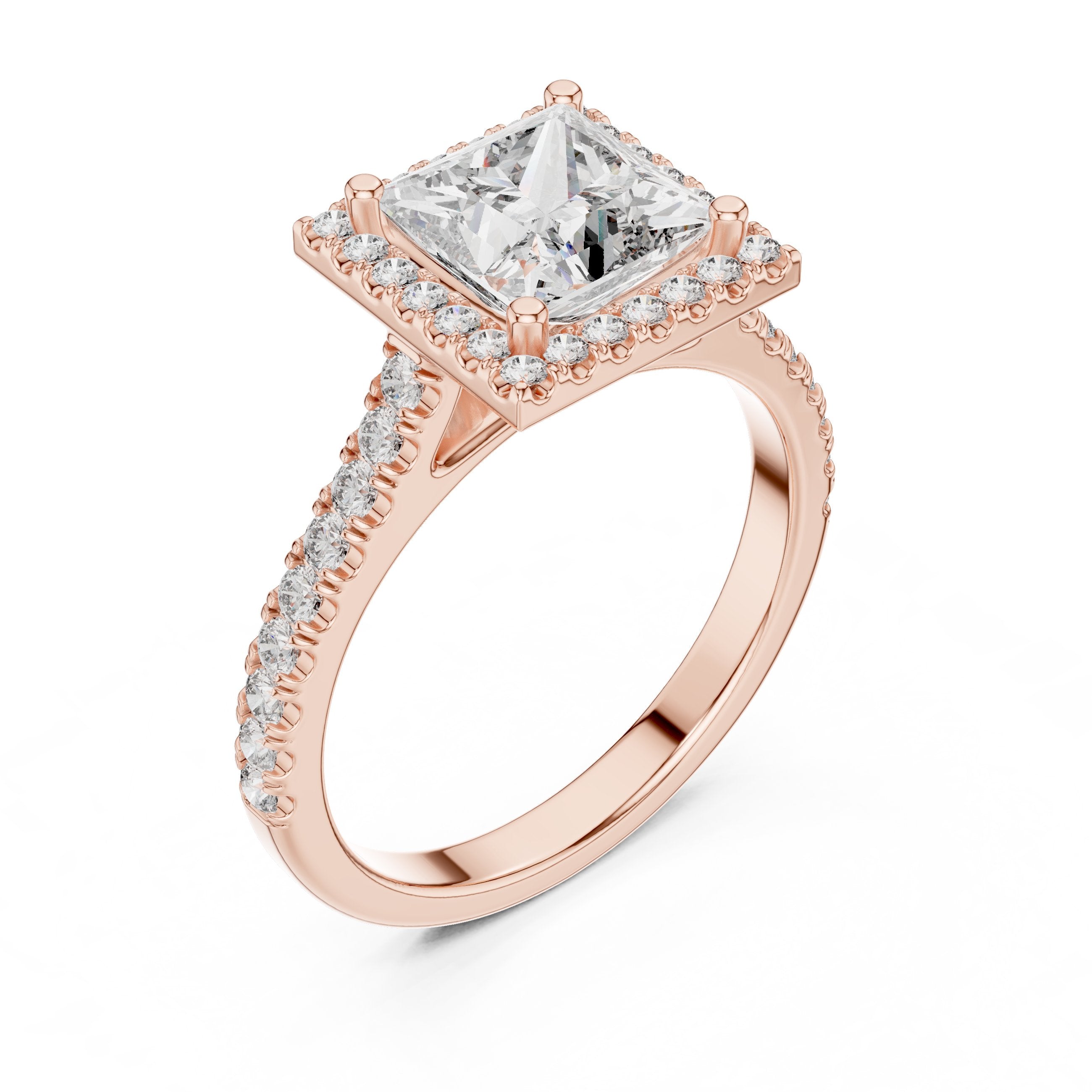 Princess Cut Halo Engagement Ring with Pavé Band in Rose Gold - VYKA Diamonds