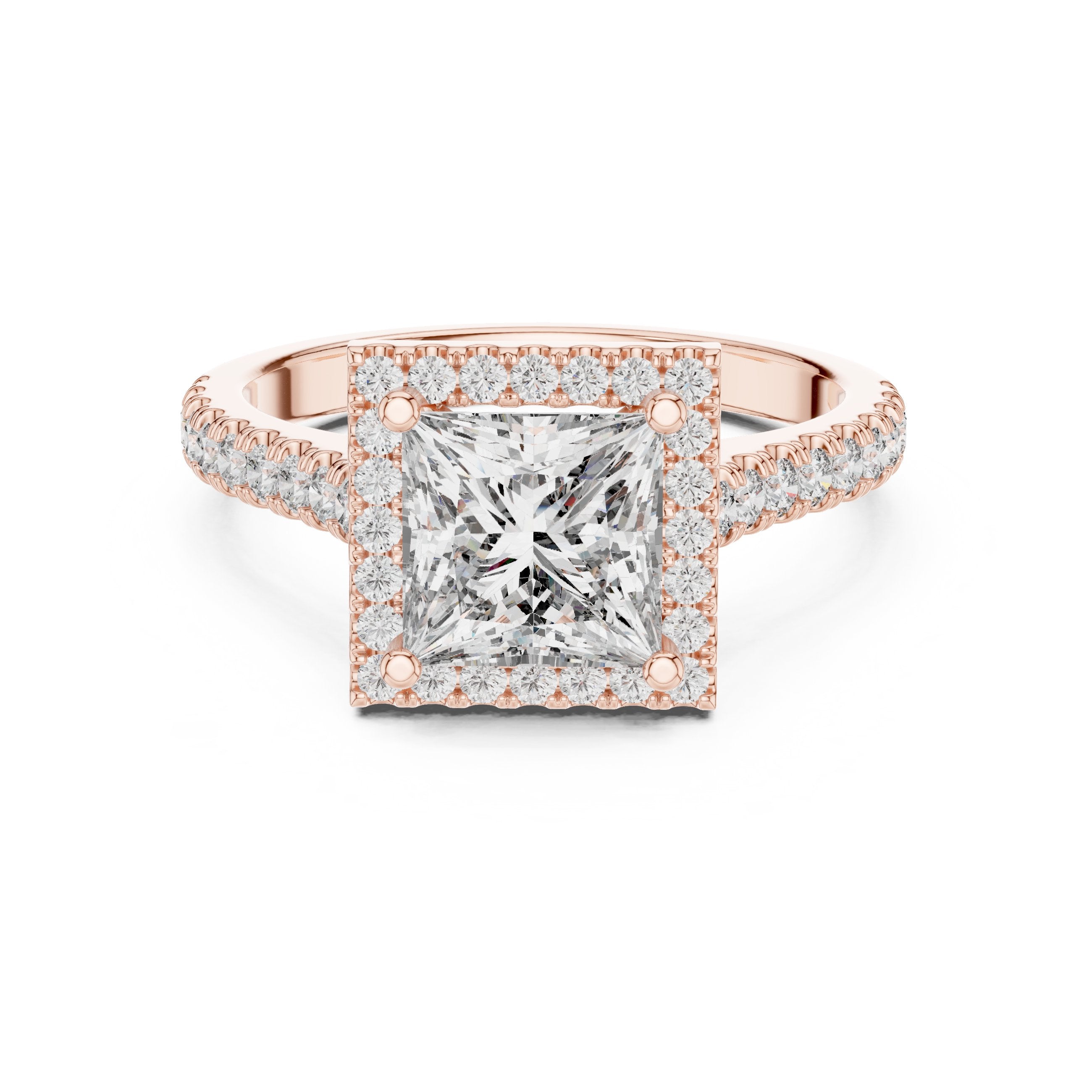 Princess Cut Halo Engagement Ring with Pavé Band in Rose Gold - VYKA Diamonds