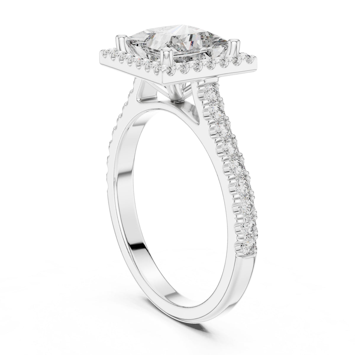 Princess Cut Halo Engagement Ring with Pavé Band