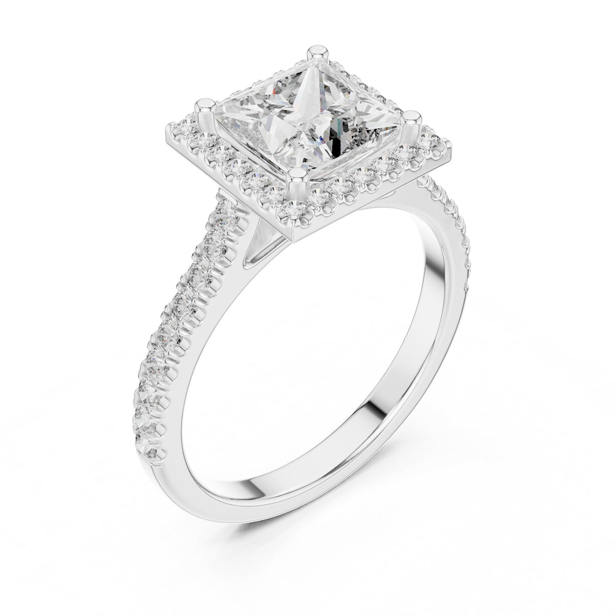 Princess Cut Halo Engagement Ring with Pavé Band