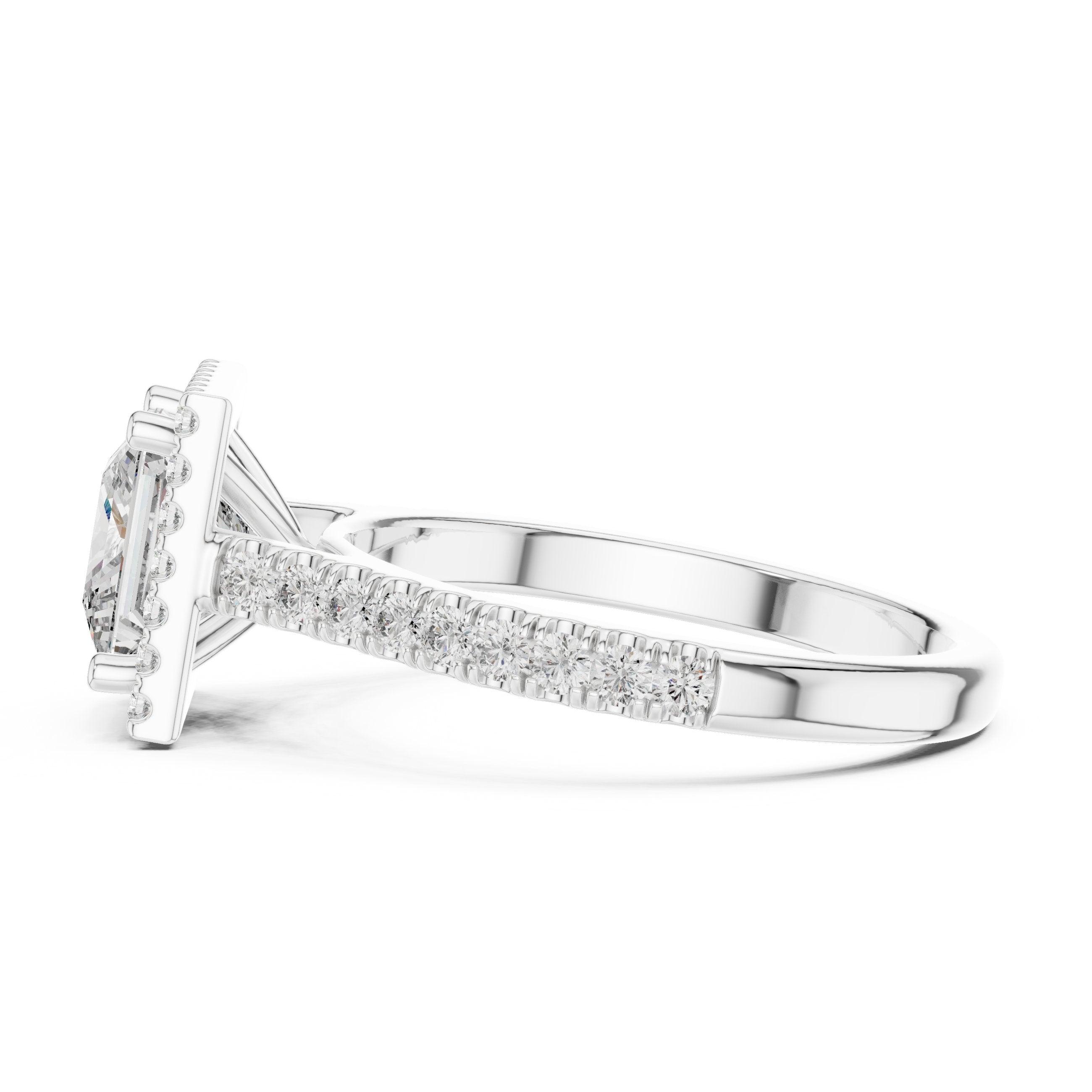 Princess Cut Halo Engagement Ring with Pavé Band in White Gold - VYKA Diamonds