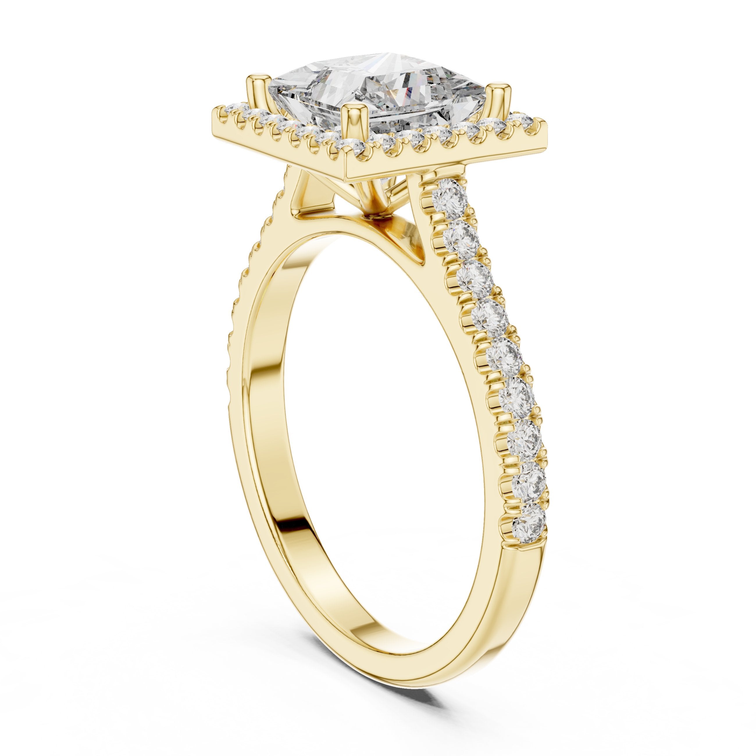 Princess Cut Halo Engagement Ring with Pavé Band in Yellow Gold - VYKA Diamonds