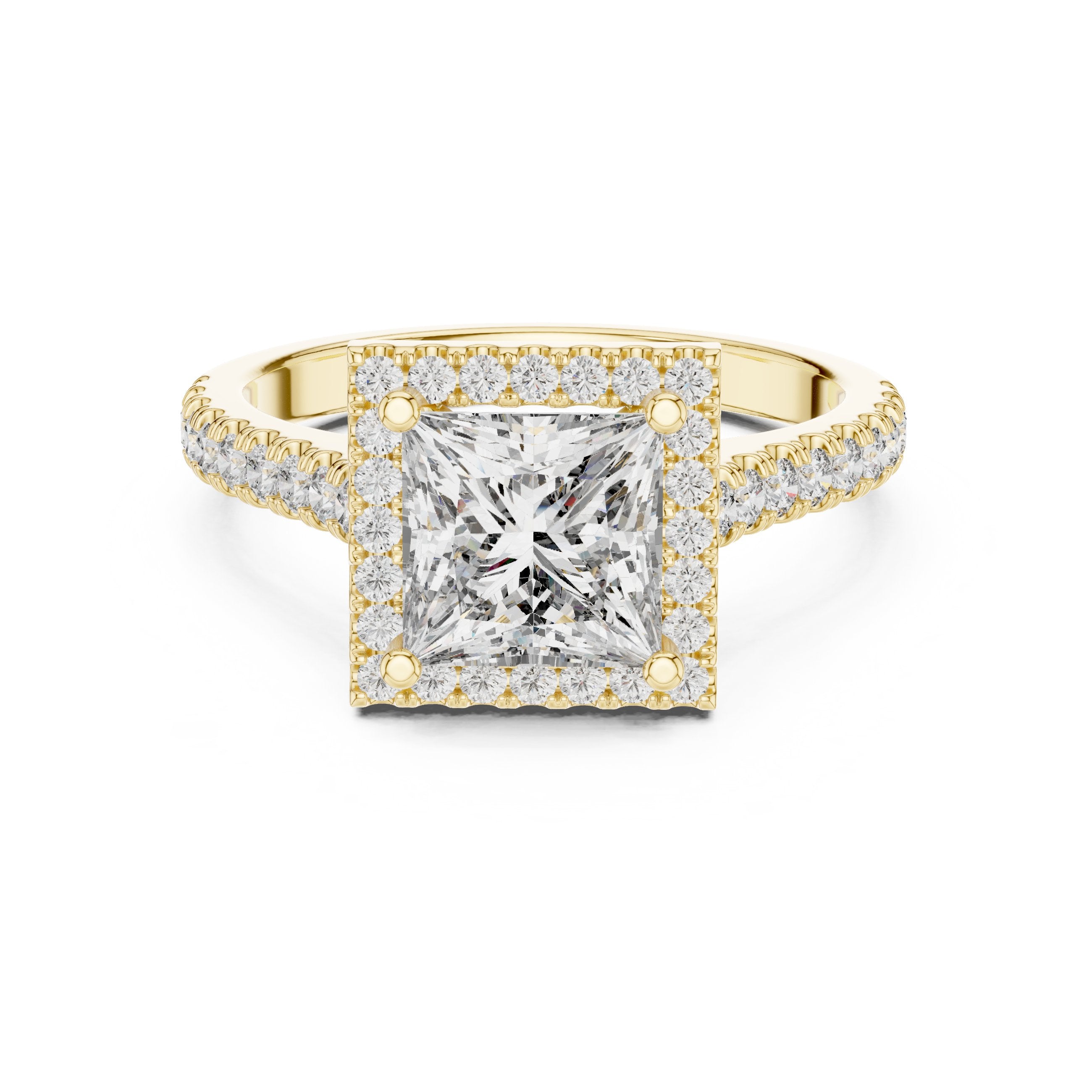 Princess Cut Halo Engagement Ring with Pavé Band in Yellow Gold - VYKA Diamonds