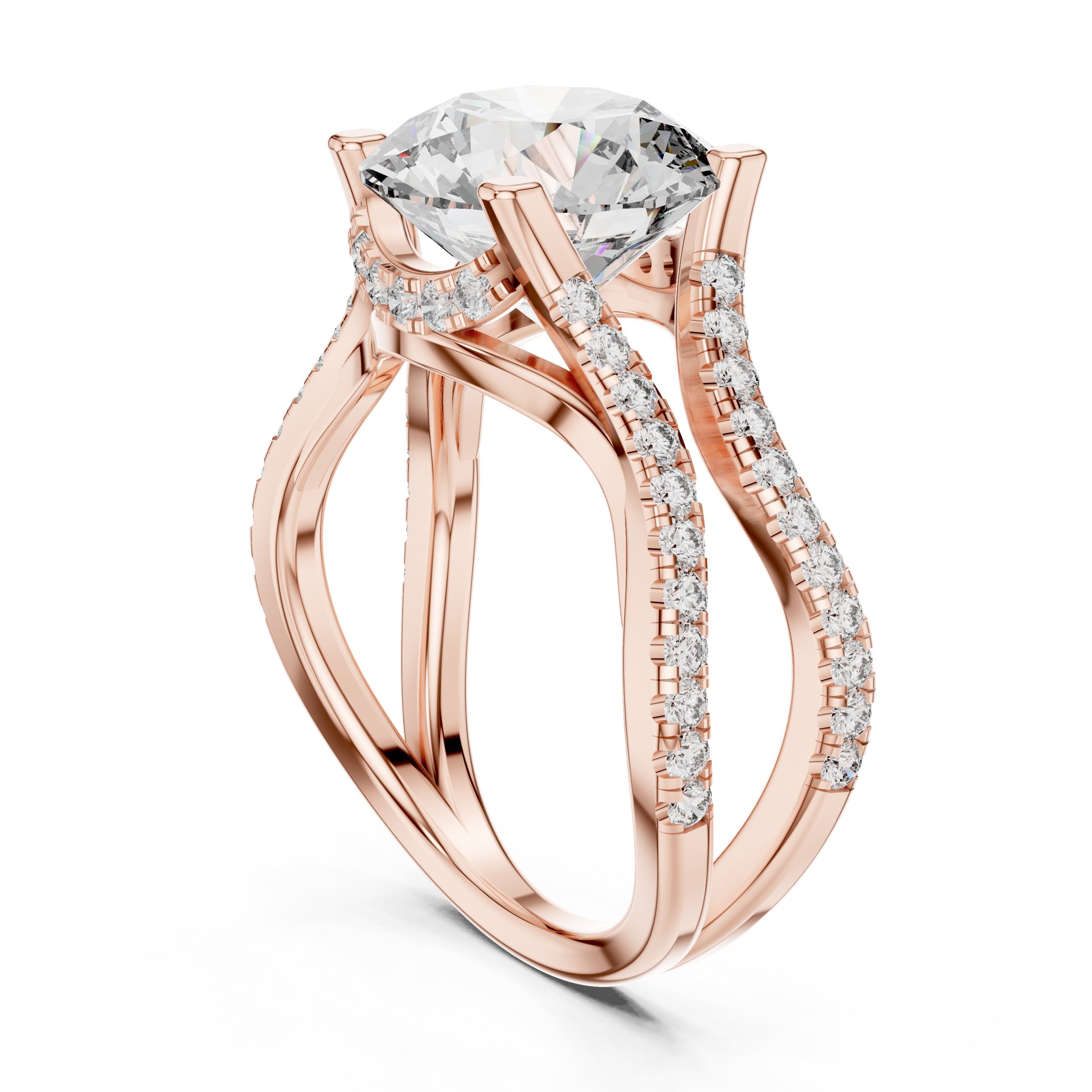 Round Diamond Halo Engagement Ring with Crossover Pavé Band in Rose Gold - VYKA Diamonds