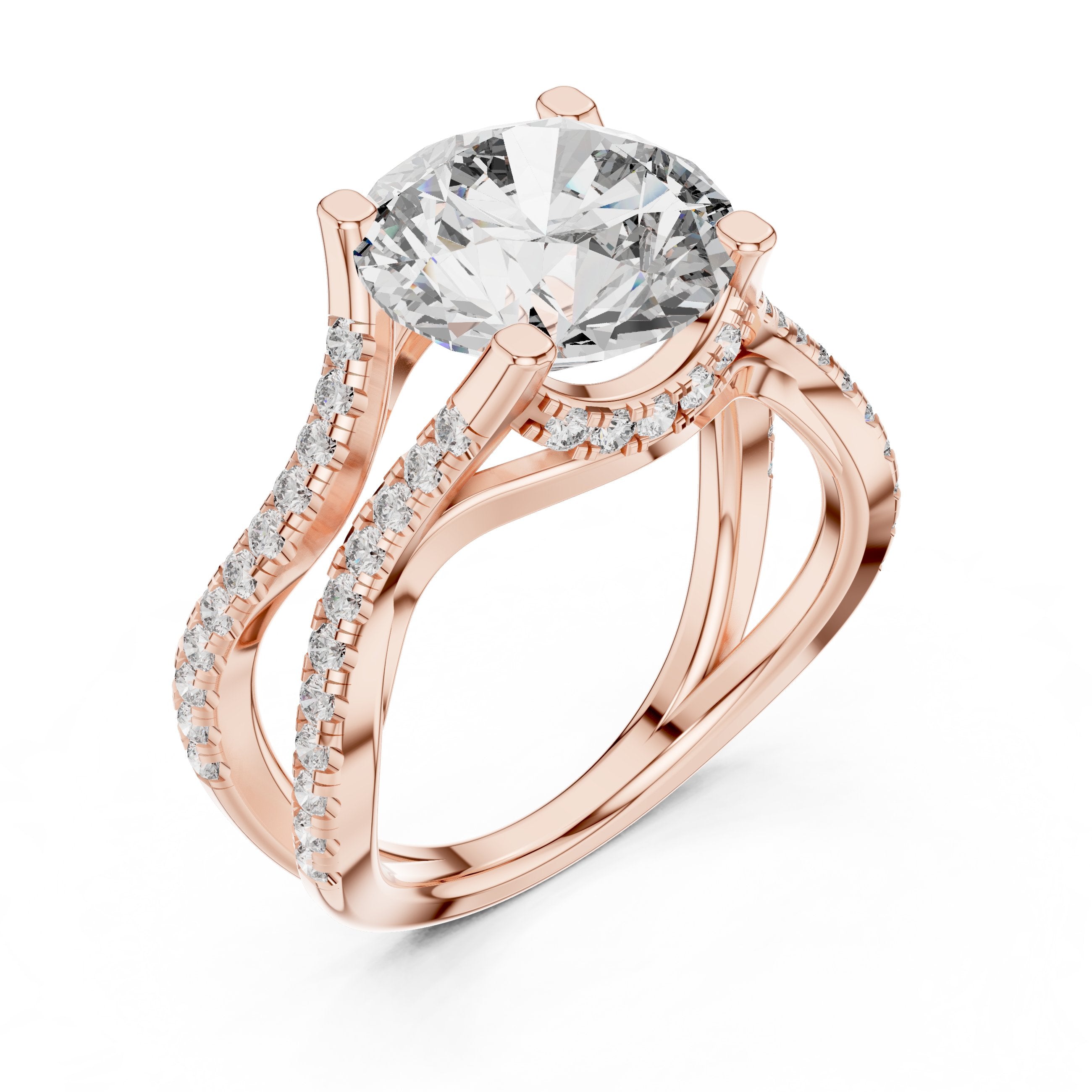 Round Diamond Halo Engagement Ring with Crossover Pavé Band in Rose Gold - VYKA Diamonds