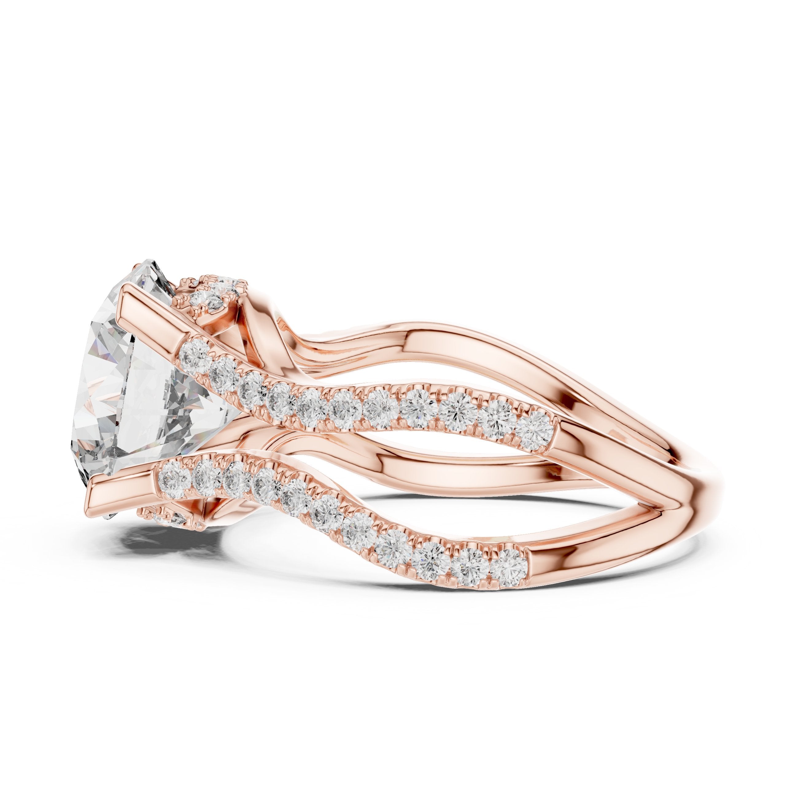 Round Diamond Halo Engagement Ring with Crossover Pavé Band in Rose Gold - VYKA Diamonds