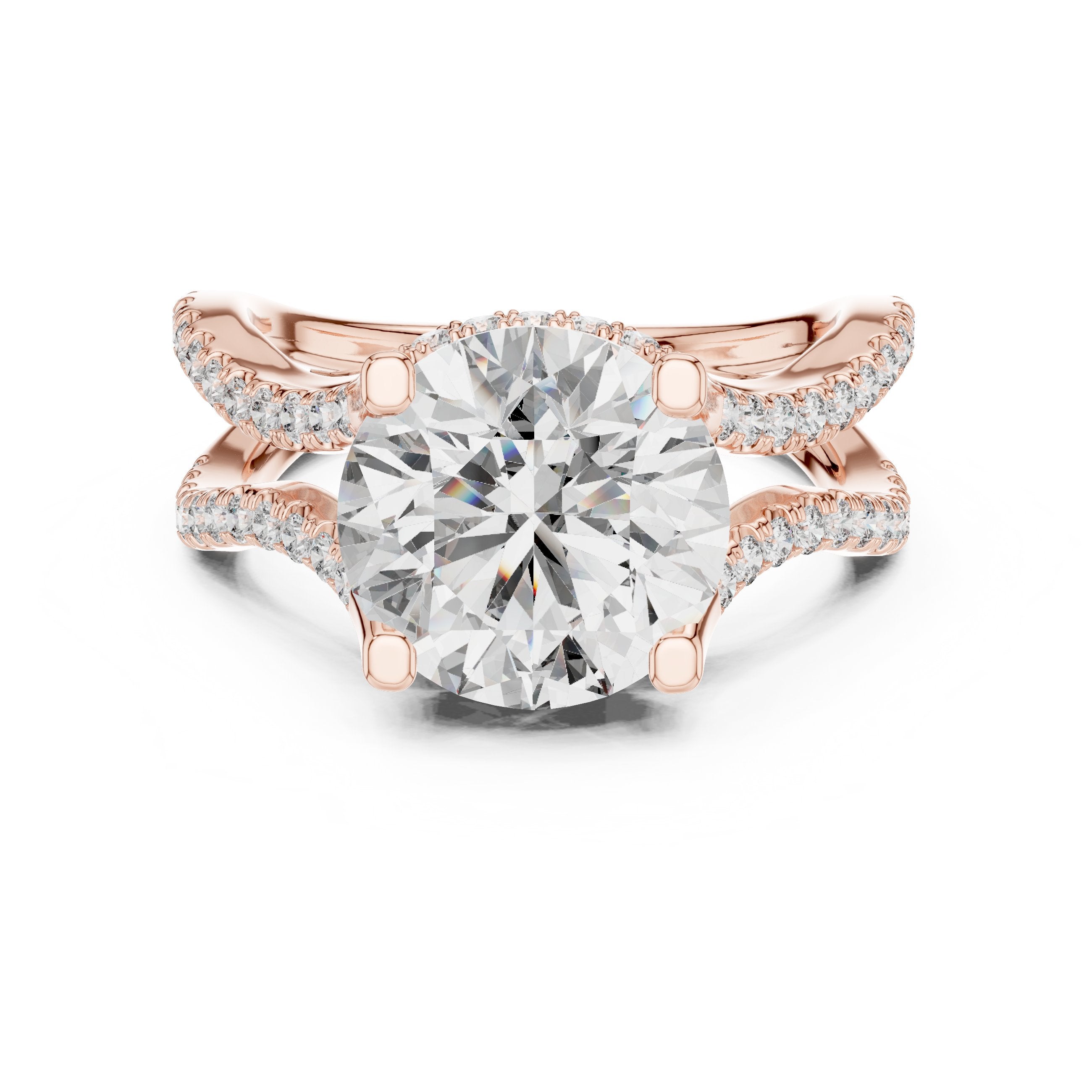Round Diamond Halo Engagement Ring with Crossover Pavé Band in Rose Gold - VYKA Diamonds