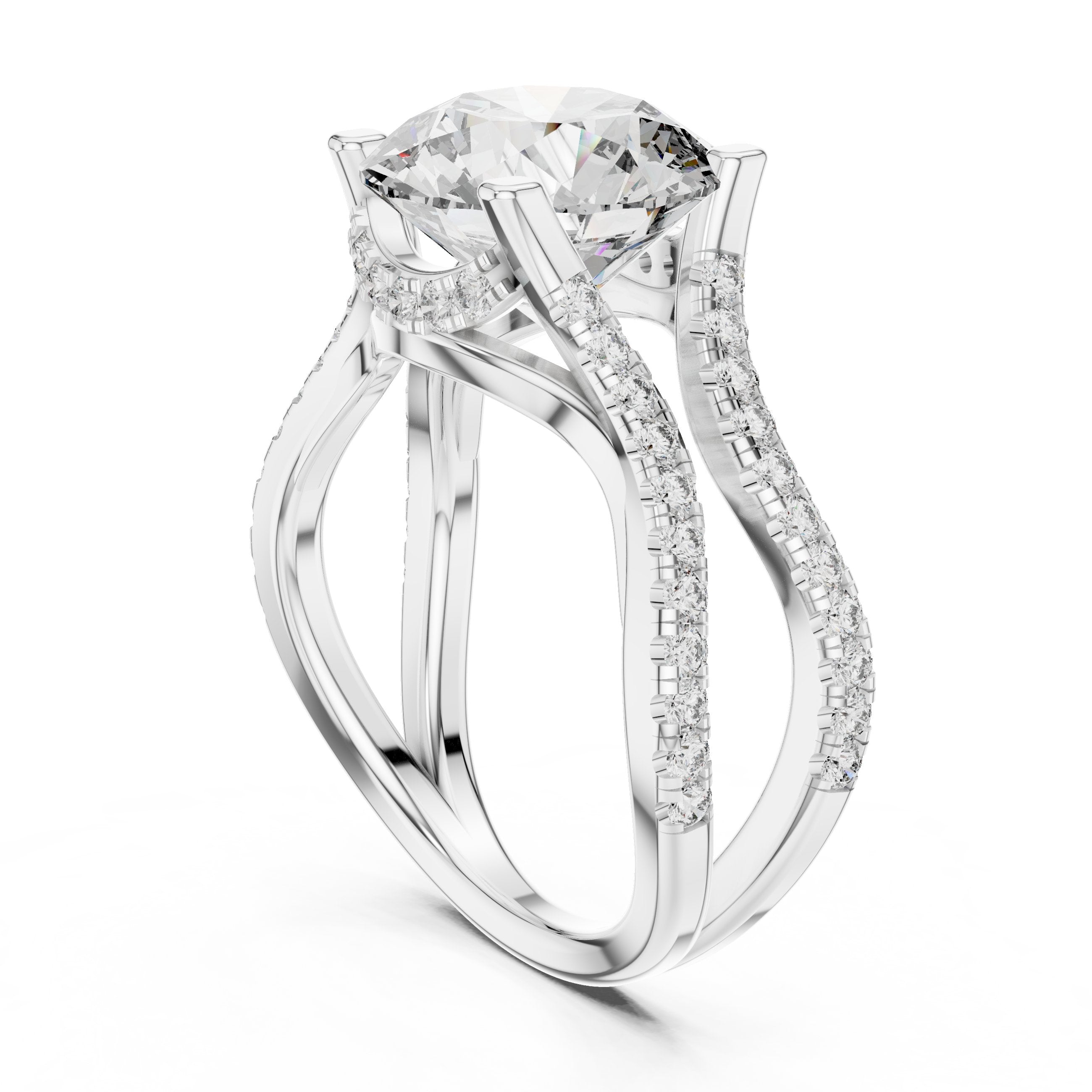 Round Diamond Halo Engagement Ring with Crossover Pavé Band in White Gold - VYKA Diamonds