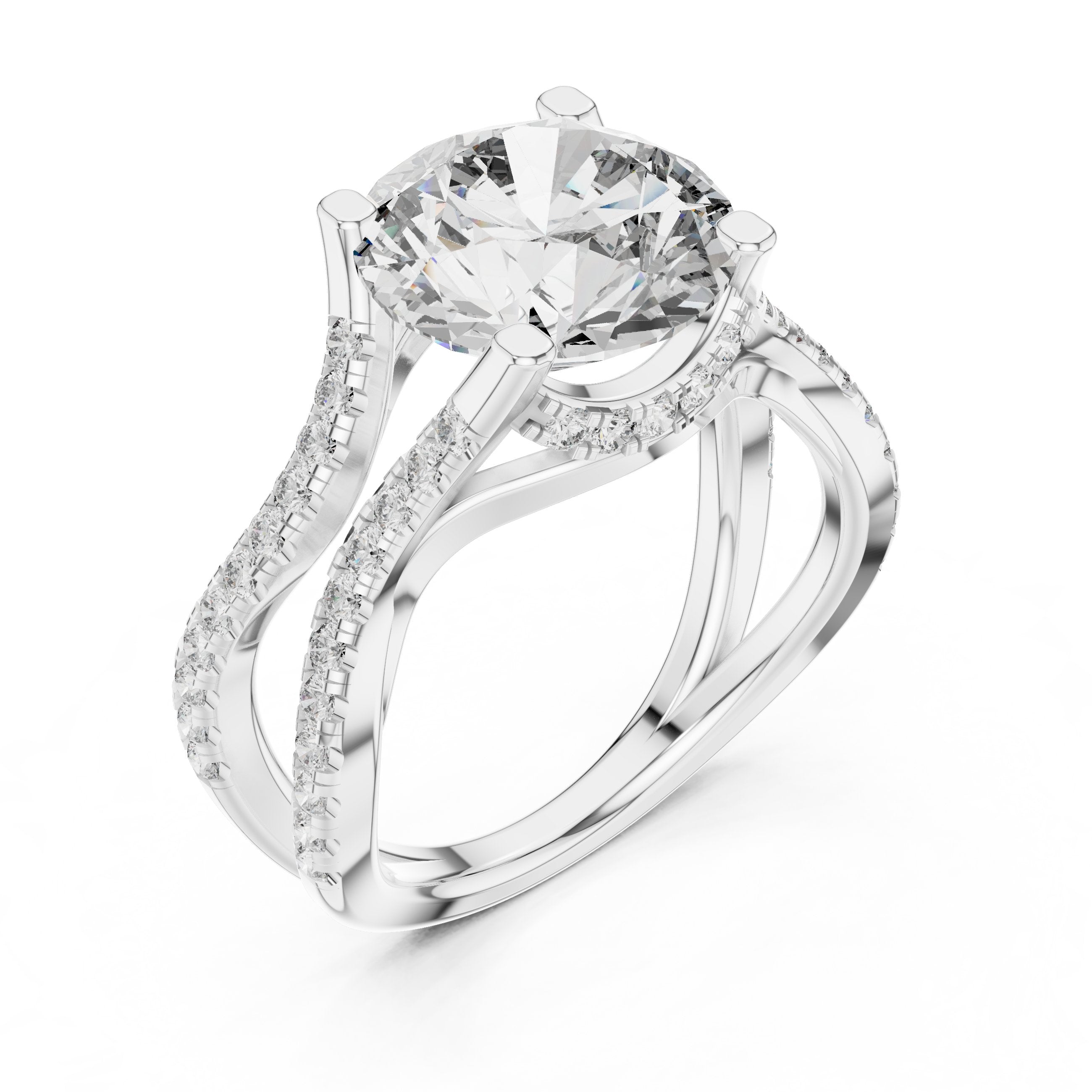 Round Diamond Halo Engagement Ring with Crossover Pavé Band in White Gold - VYKA Diamonds