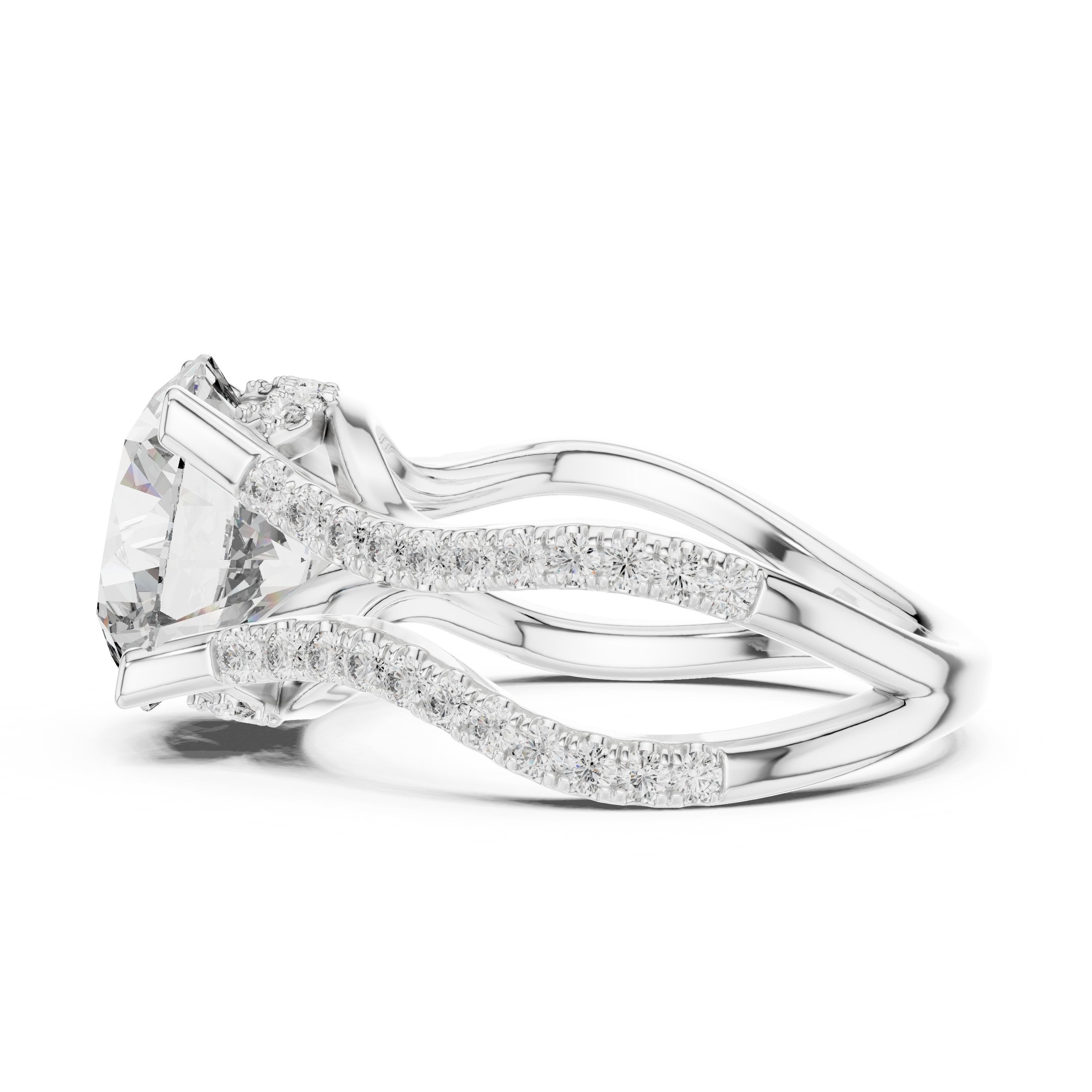 Round Diamond Halo Engagement Ring with Crossover Pavé Band in White Gold - VYKA Diamonds