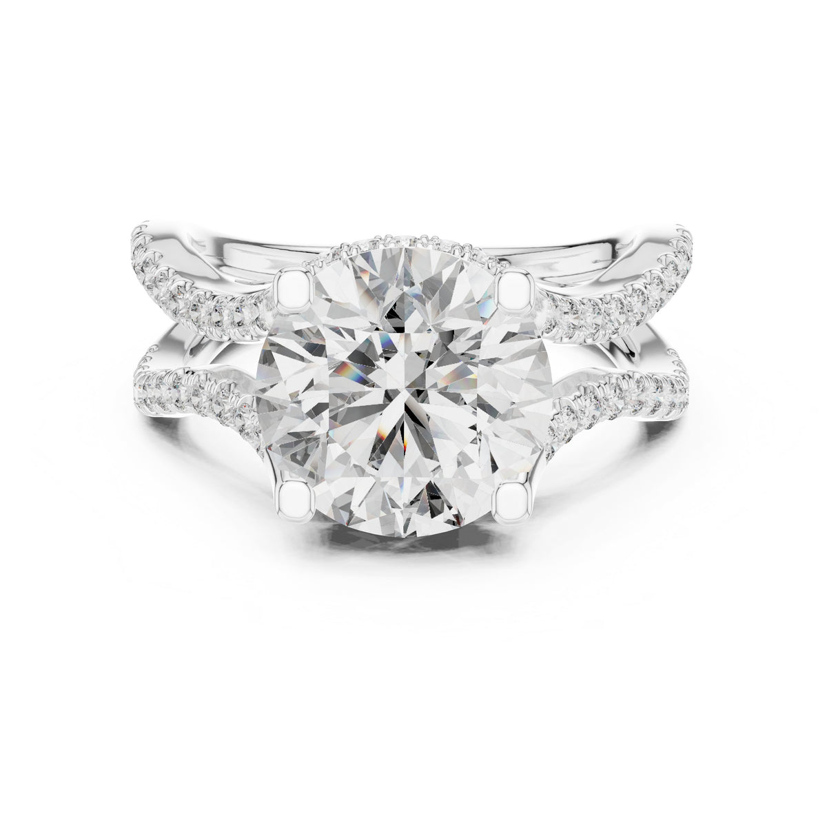 Round Diamond Halo Engagement Ring with Crossover Pavé Band