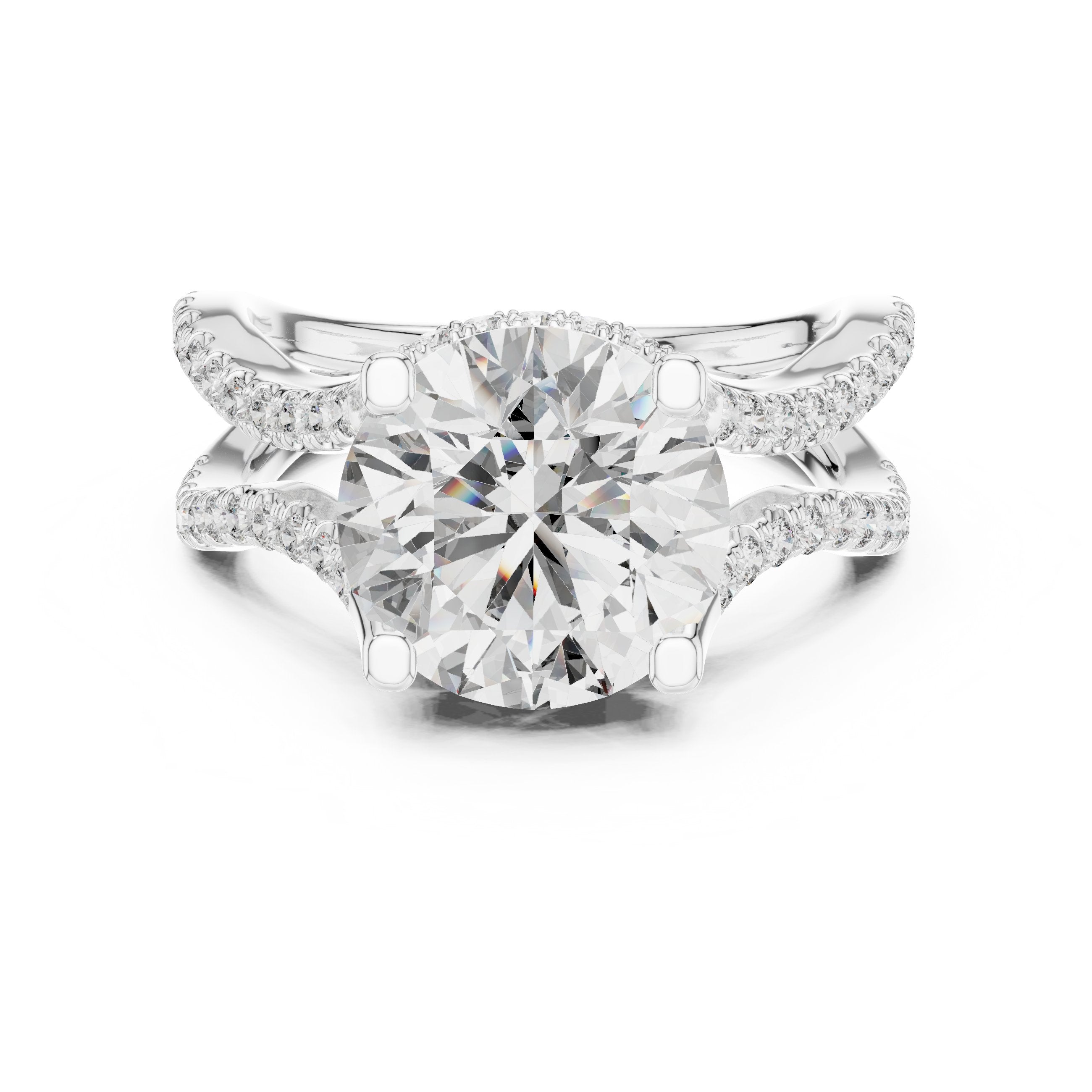 Round Diamond Halo Engagement Ring with Crossover Pavé Band in White Gold - VYKA Diamonds