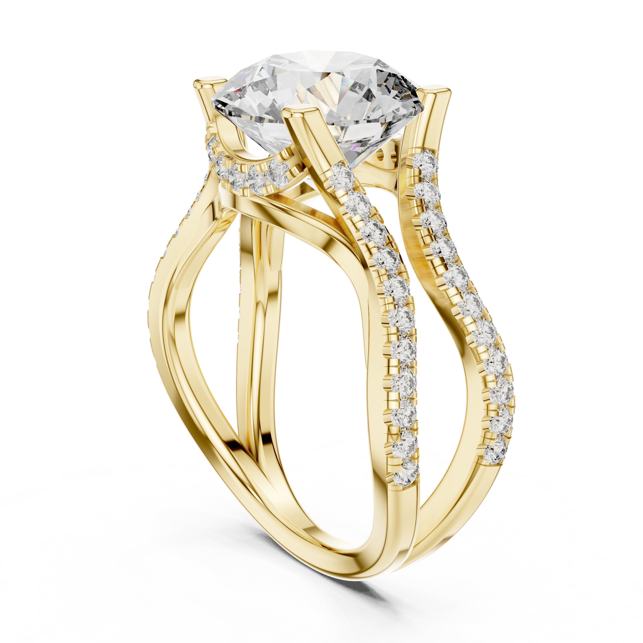 Round Diamond Halo Engagement Ring with Crossover Pavé Band in Yellow Gold - VYKA Diamonds