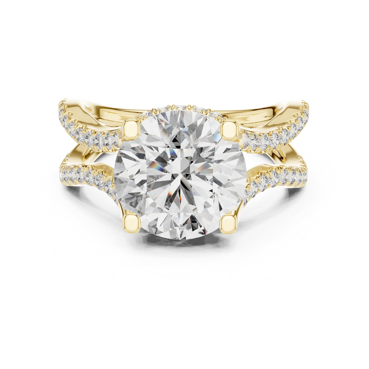 Round Diamond Halo Engagement Ring with Crossover Pavé Band