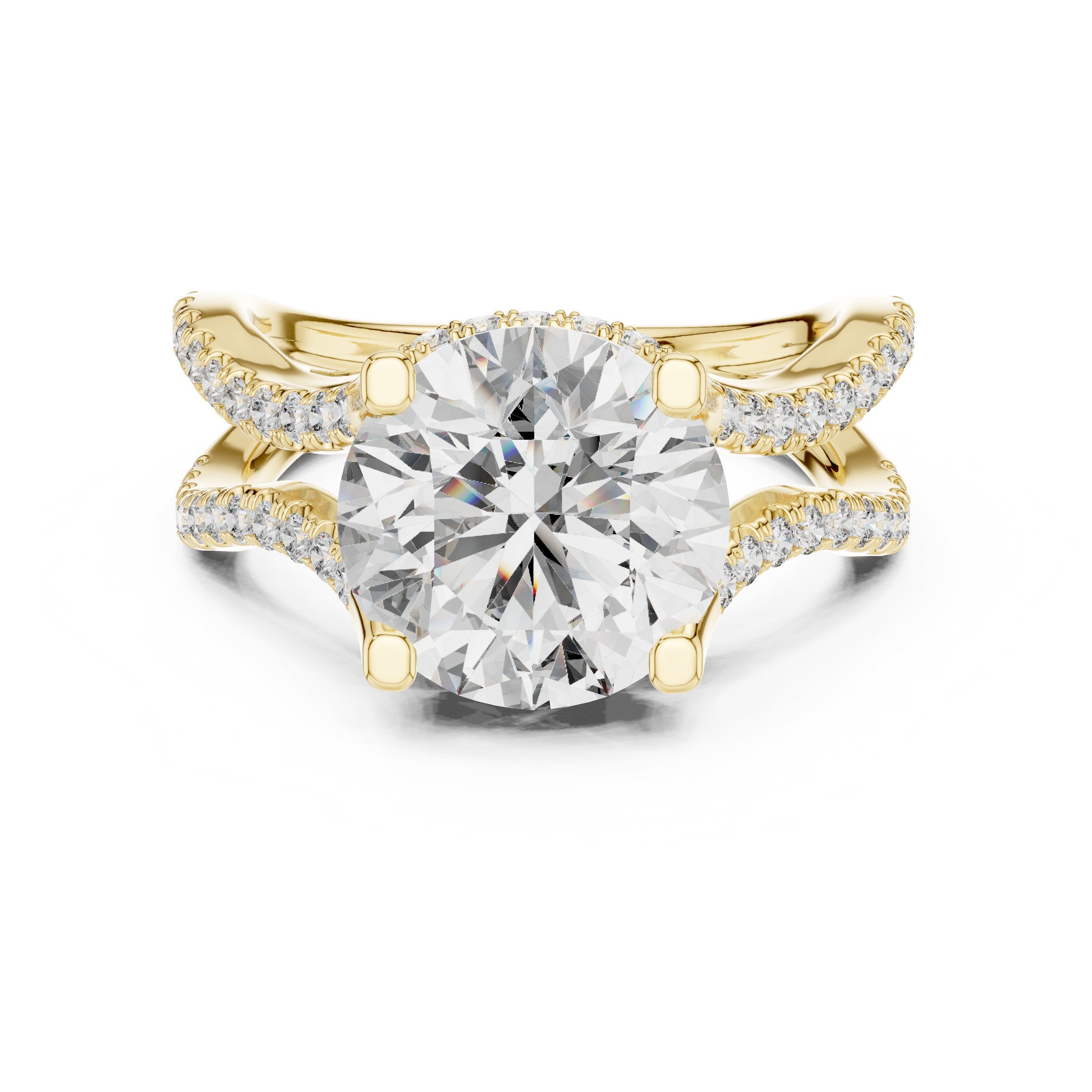 Round Diamond Halo Engagement Ring with Crossover Pavé Band in Yellow Gold - VYKA Diamonds