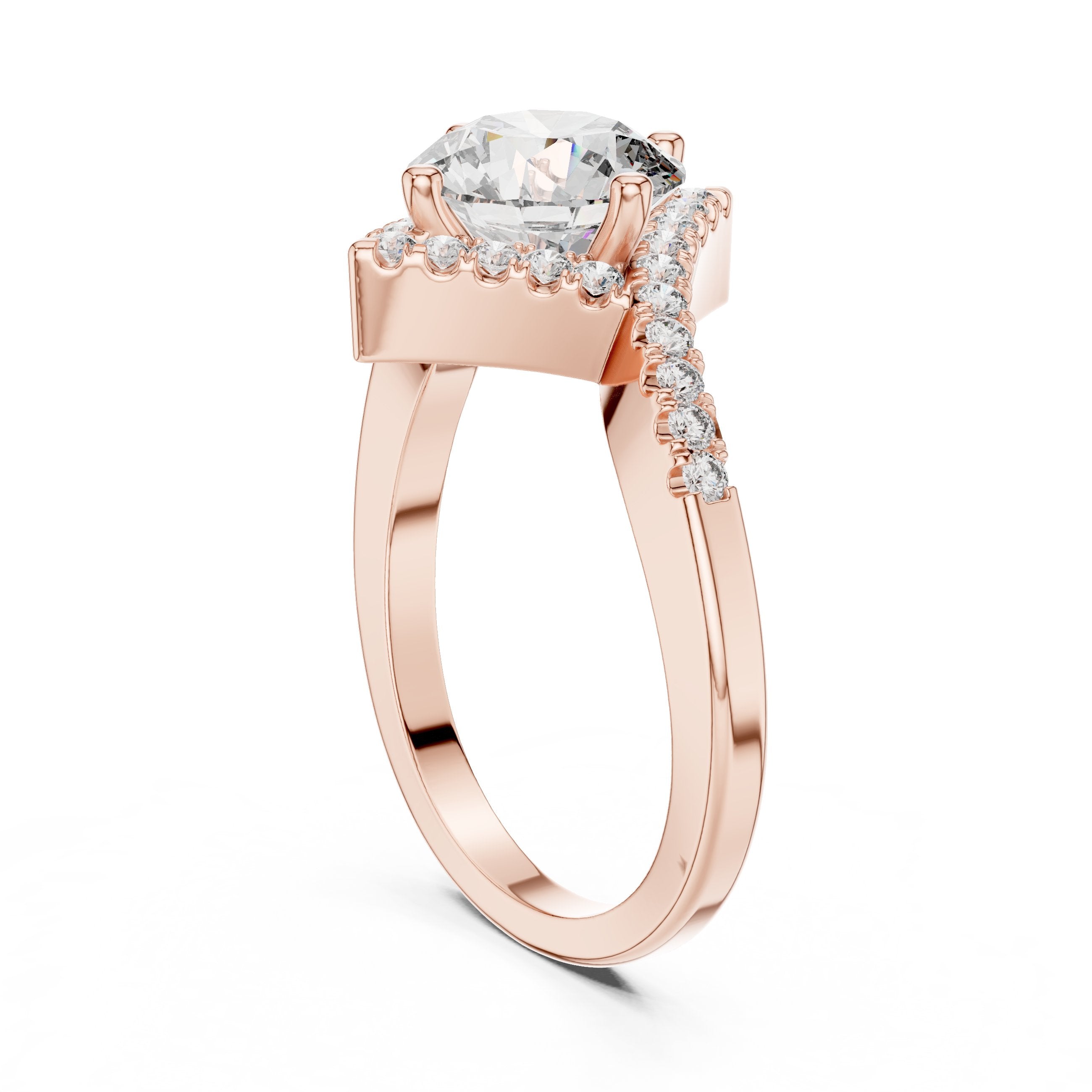 Round Diamond Kite Halo Engagement Ring with Twisted Pavé Band in Rose Gold - VYKA Diamonds