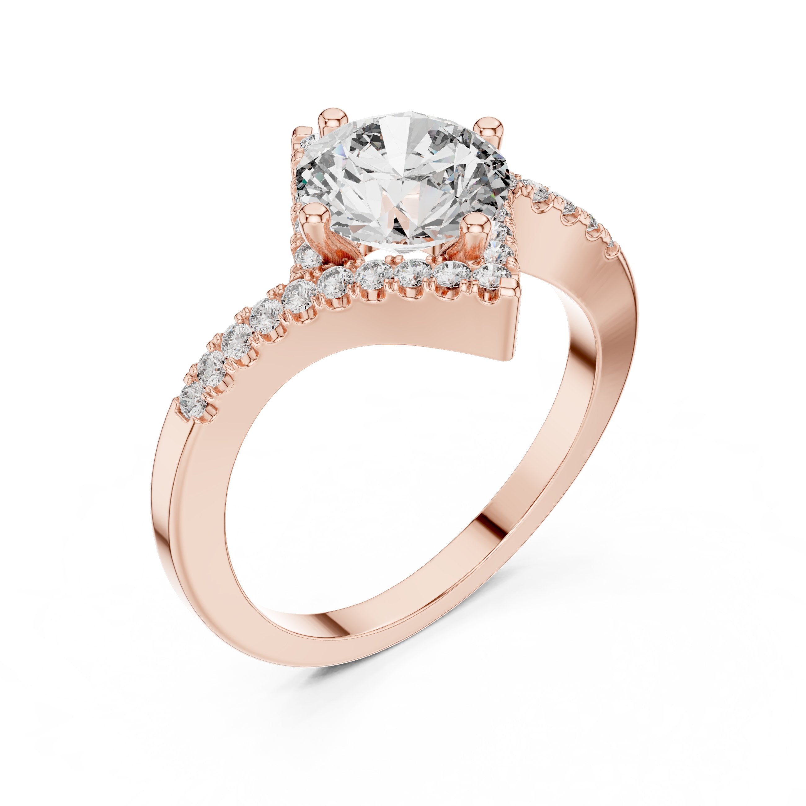 Round Diamond Kite Halo Engagement Ring with Twisted Pavé Band in Rose Gold - VYKA Diamonds