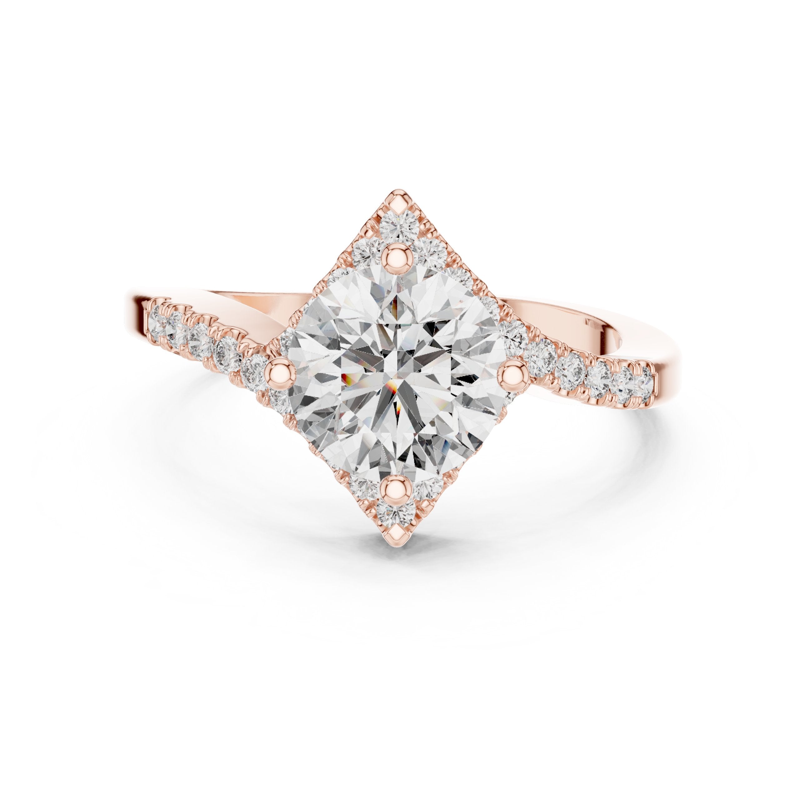 Round Diamond Kite Halo Engagement Ring with Twisted Pavé Band in Rose Gold - VYKA Diamonds