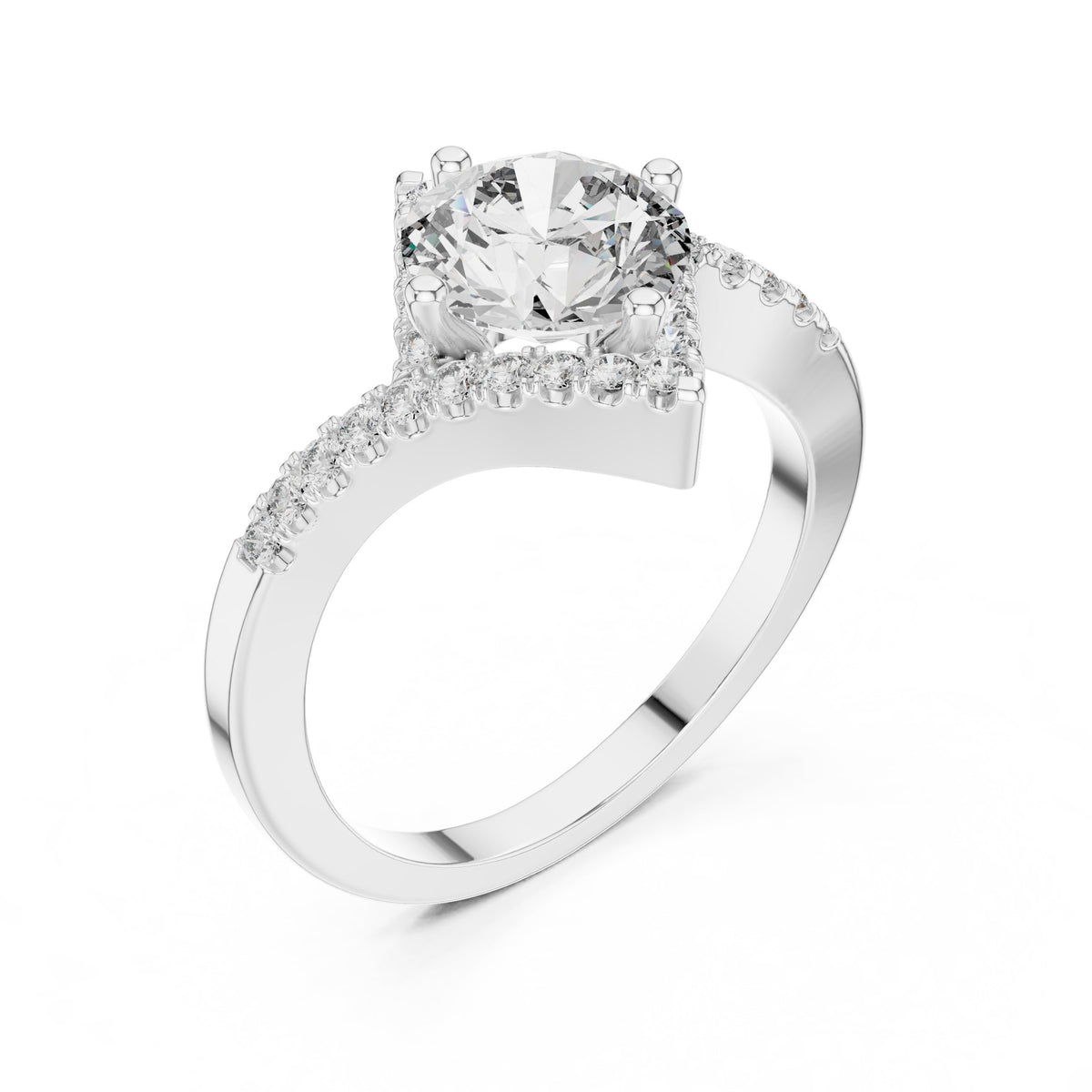 Round Diamond Kite Halo Engagement Ring with Twisted Pavé Band