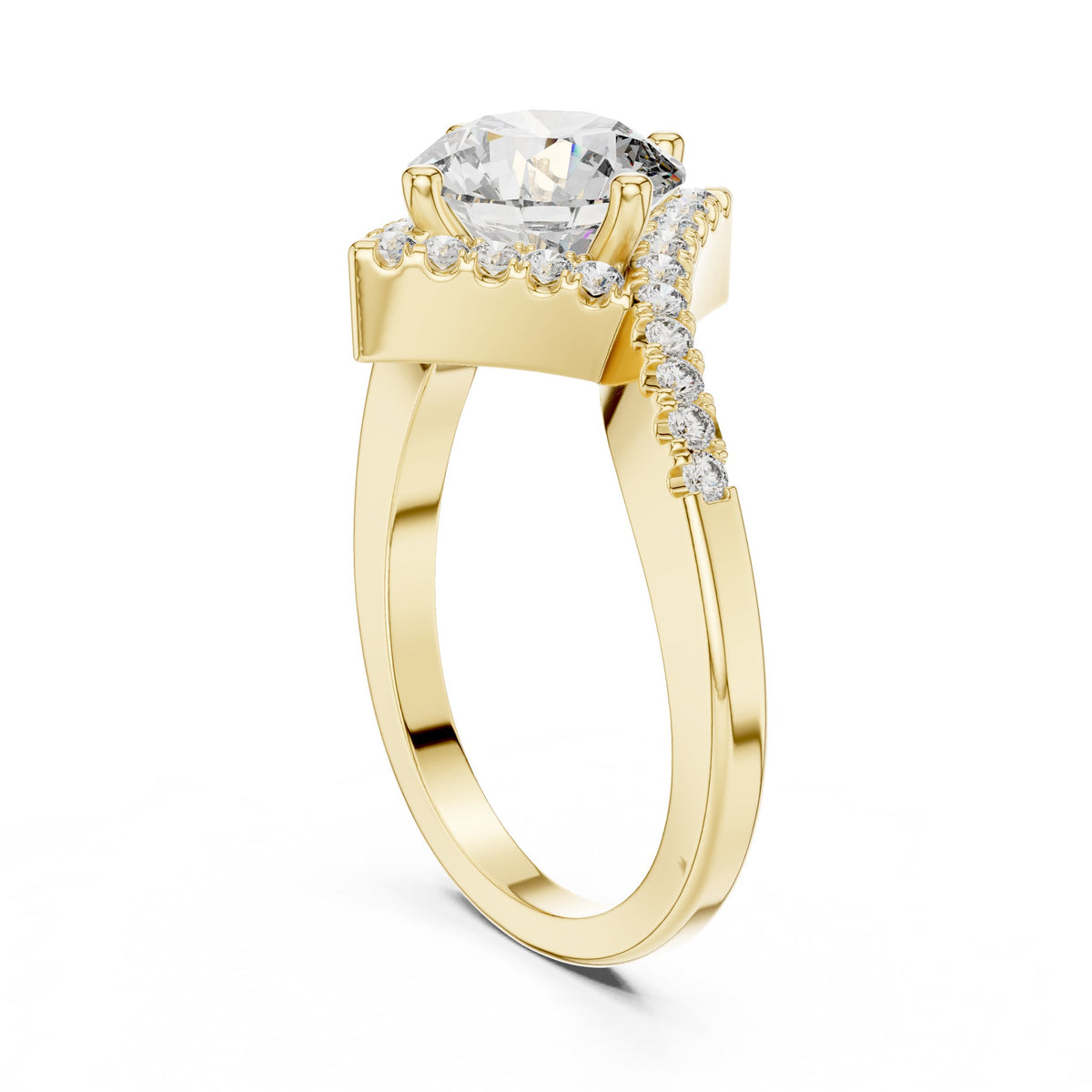 Round Diamond Kite Halo Engagement Ring with Twisted Pavé Band