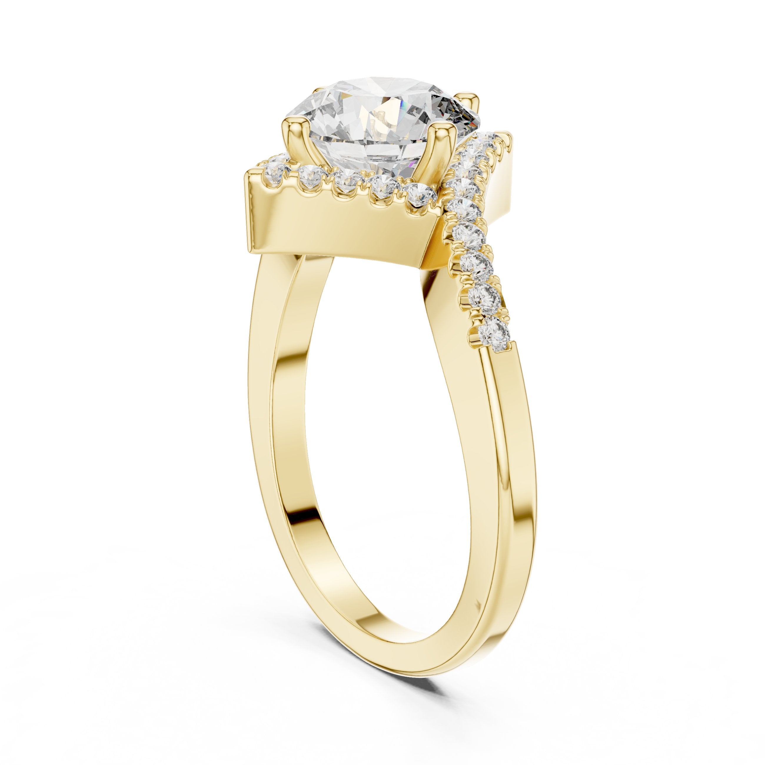 Round Diamond Kite Halo Engagement Ring with Twisted Pavé Band in Yellow Gold - VYKA Diamonds