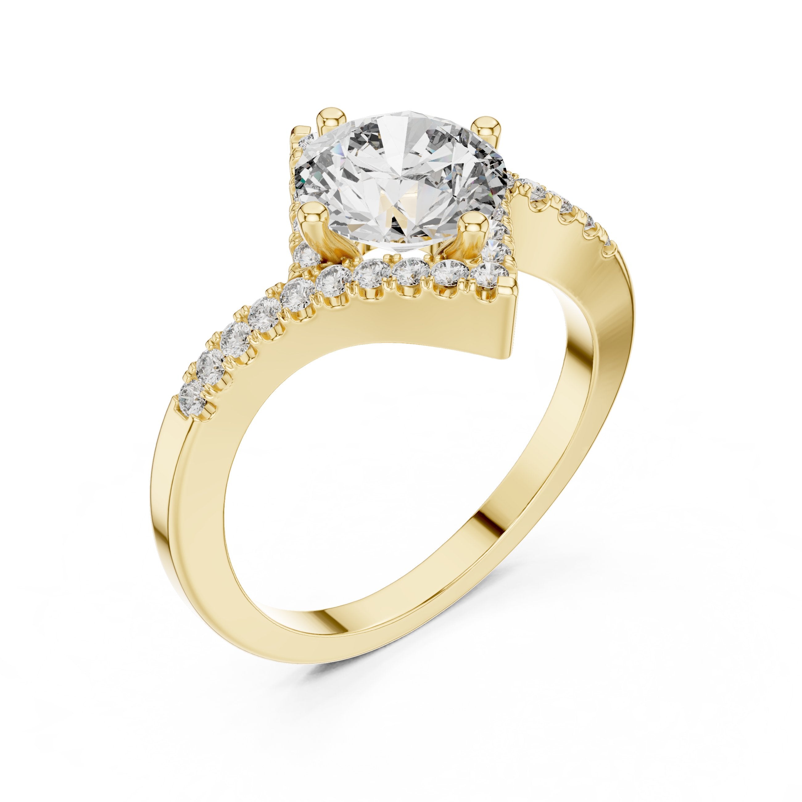 Round Diamond Kite Halo Engagement Ring with Twisted Pavé Band in Yellow Gold - VYKA Diamonds