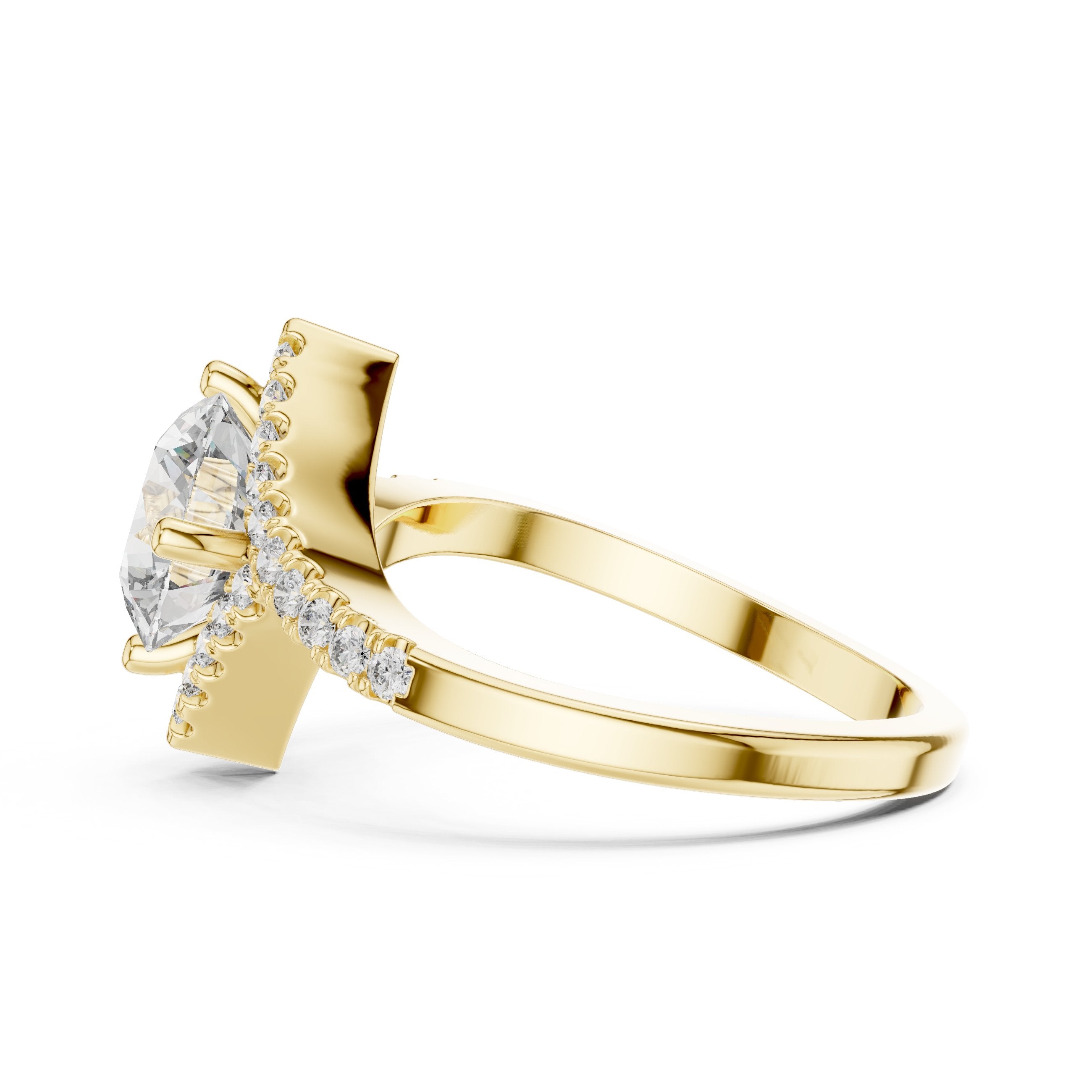 Round Diamond Kite Halo Engagement Ring with Twisted Pavé Band in Yellow Gold - VYKA Diamonds