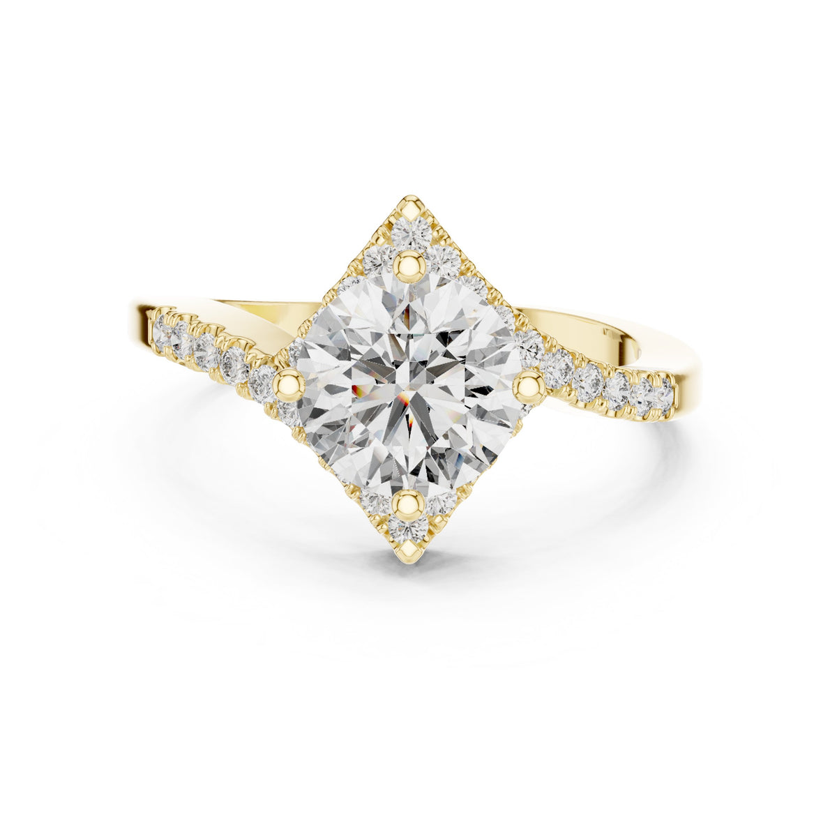Round Diamond Kite Halo Engagement Ring with Twisted Pavé Band