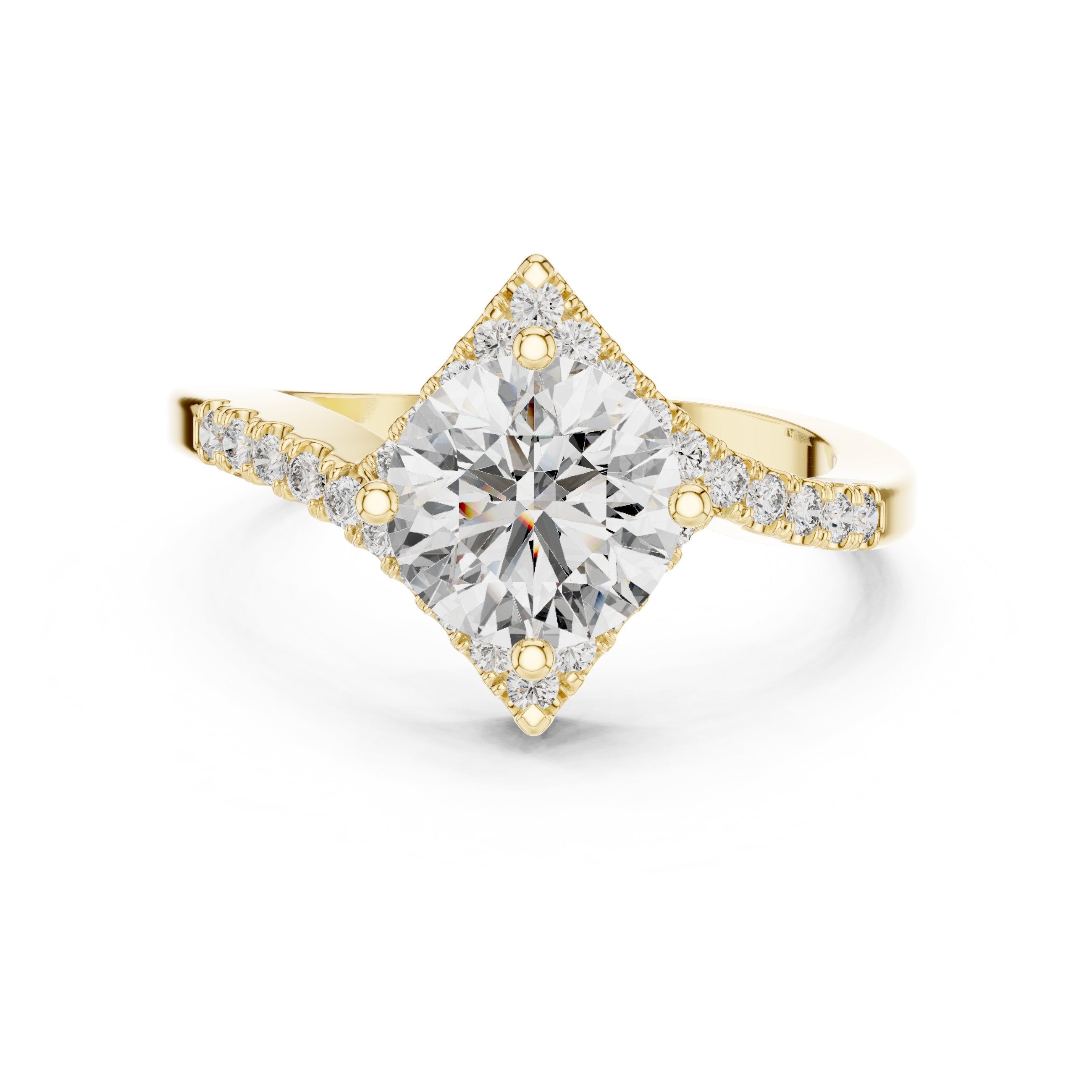 Round Diamond Kite Halo Engagement Ring with Twisted Pavé Band in Yellow Gold - VYKA Diamonds