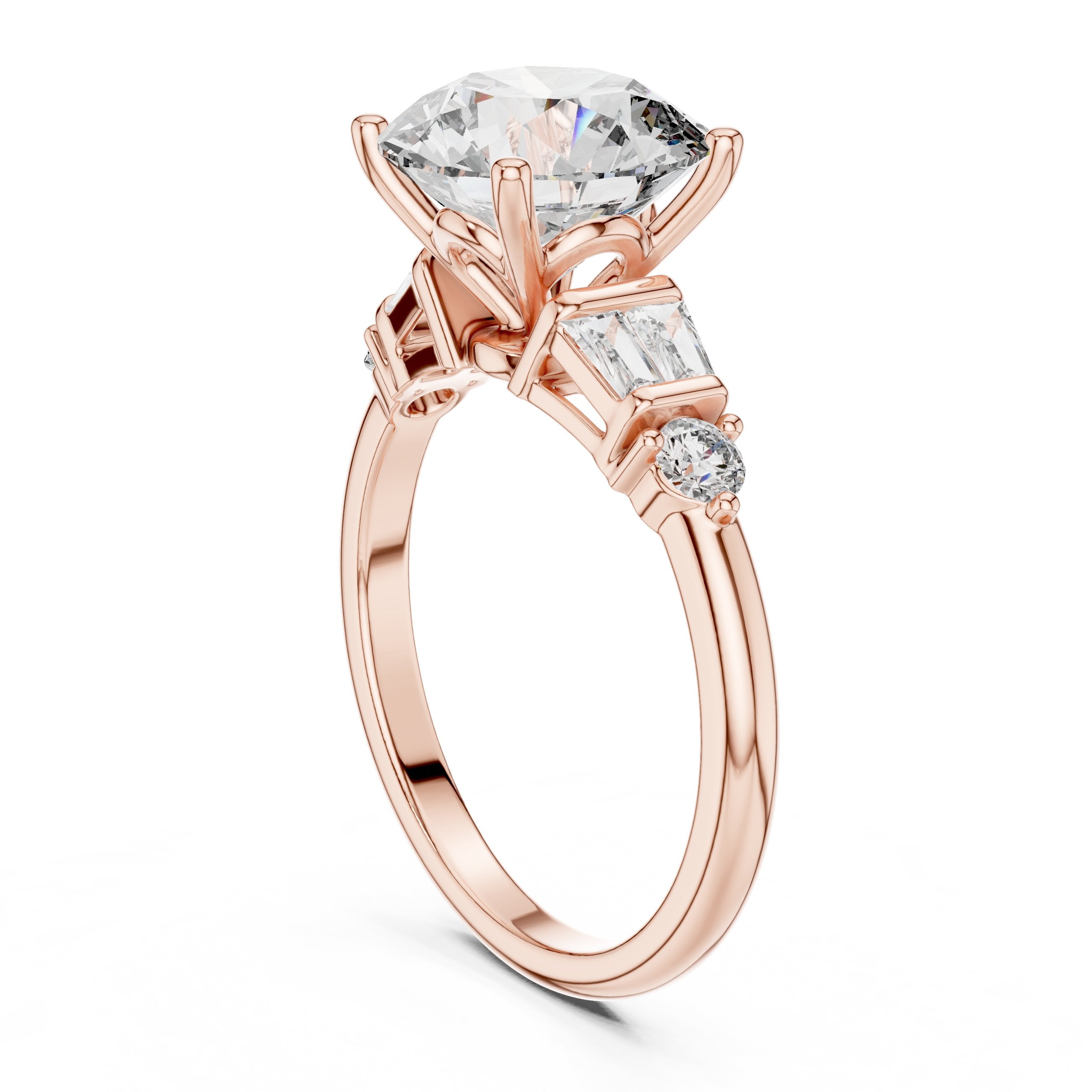 Round Diamond Engagement Ring with Tapered Baguette Side Accents in Rose Gold - VYKA Diamonds