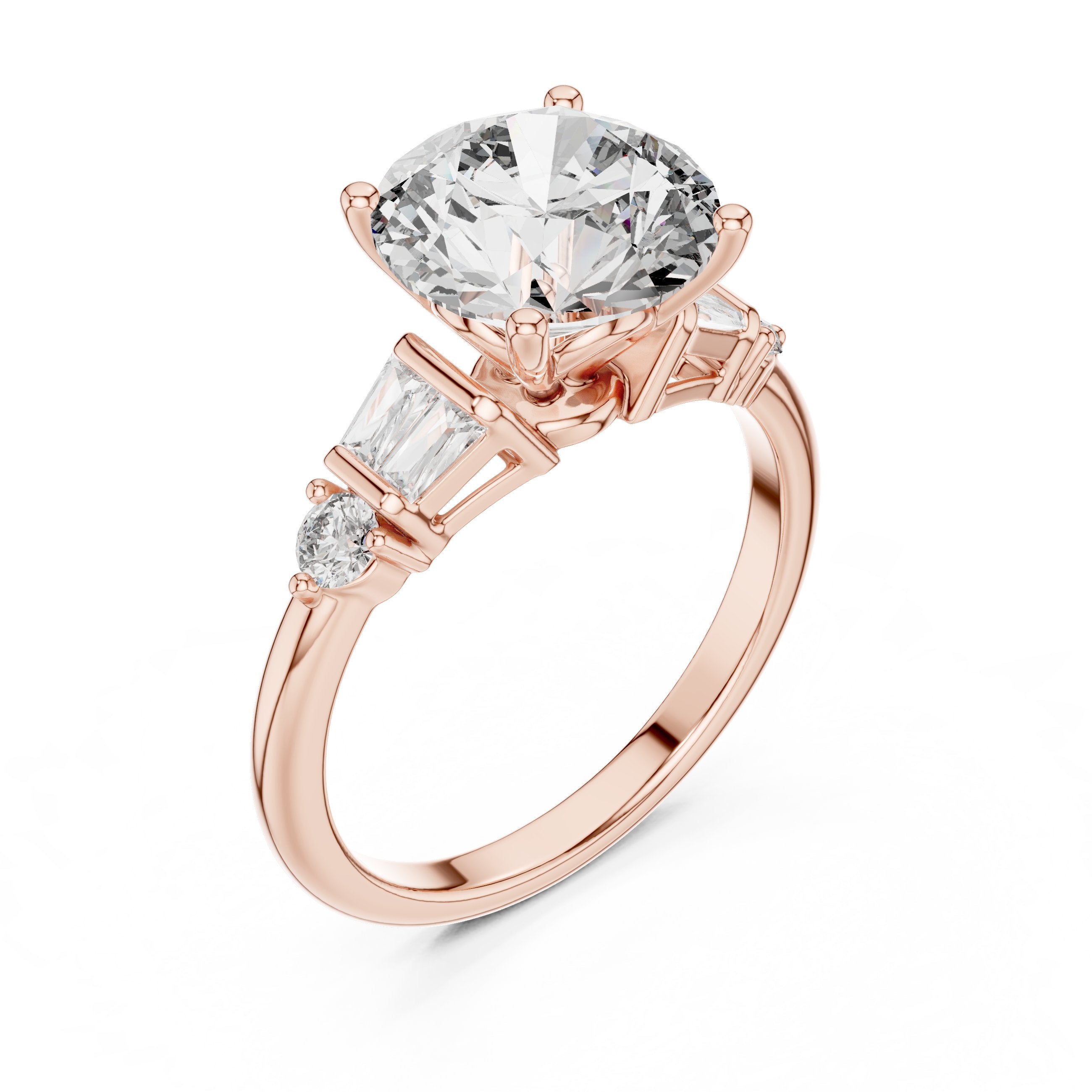 Round Diamond Engagement Ring with Tapered Baguette Side Accents in Rose Gold - VYKA Diamonds