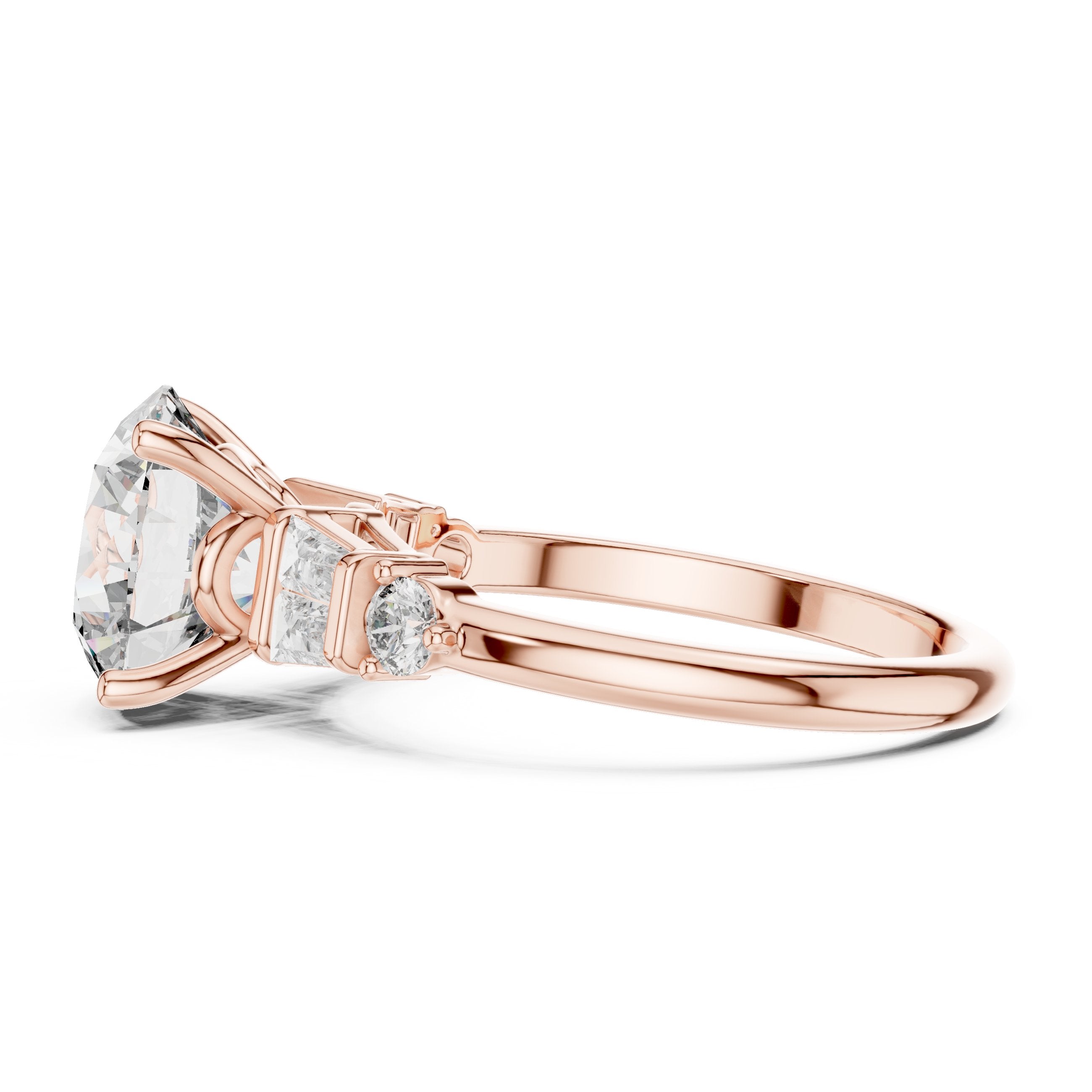 Round Diamond Engagement Ring with Tapered Baguette Side Accents in Rose Gold - VYKA Diamonds