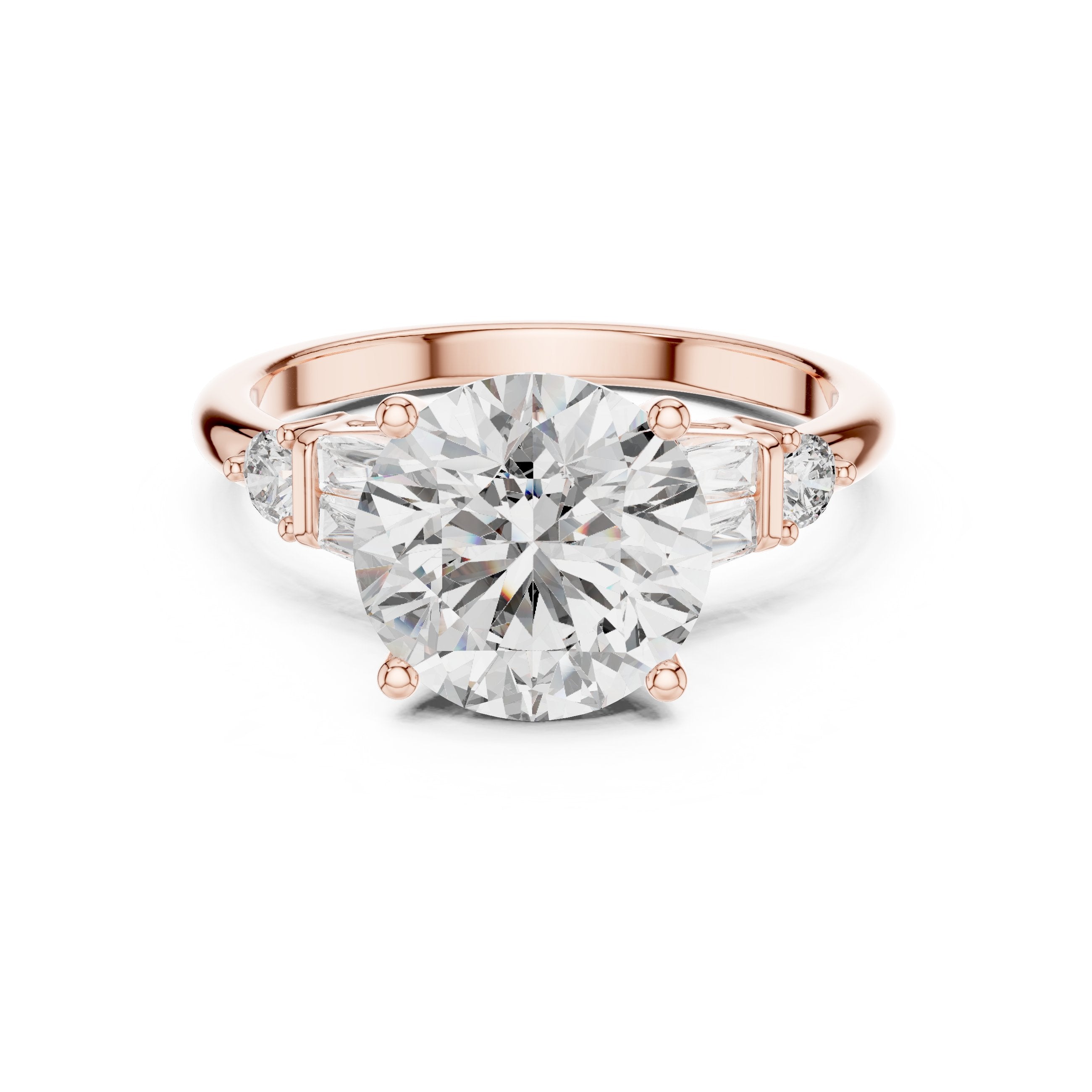 Round Diamond Engagement Ring with Tapered Baguette Side Accents in Rose Gold - VYKA Diamonds