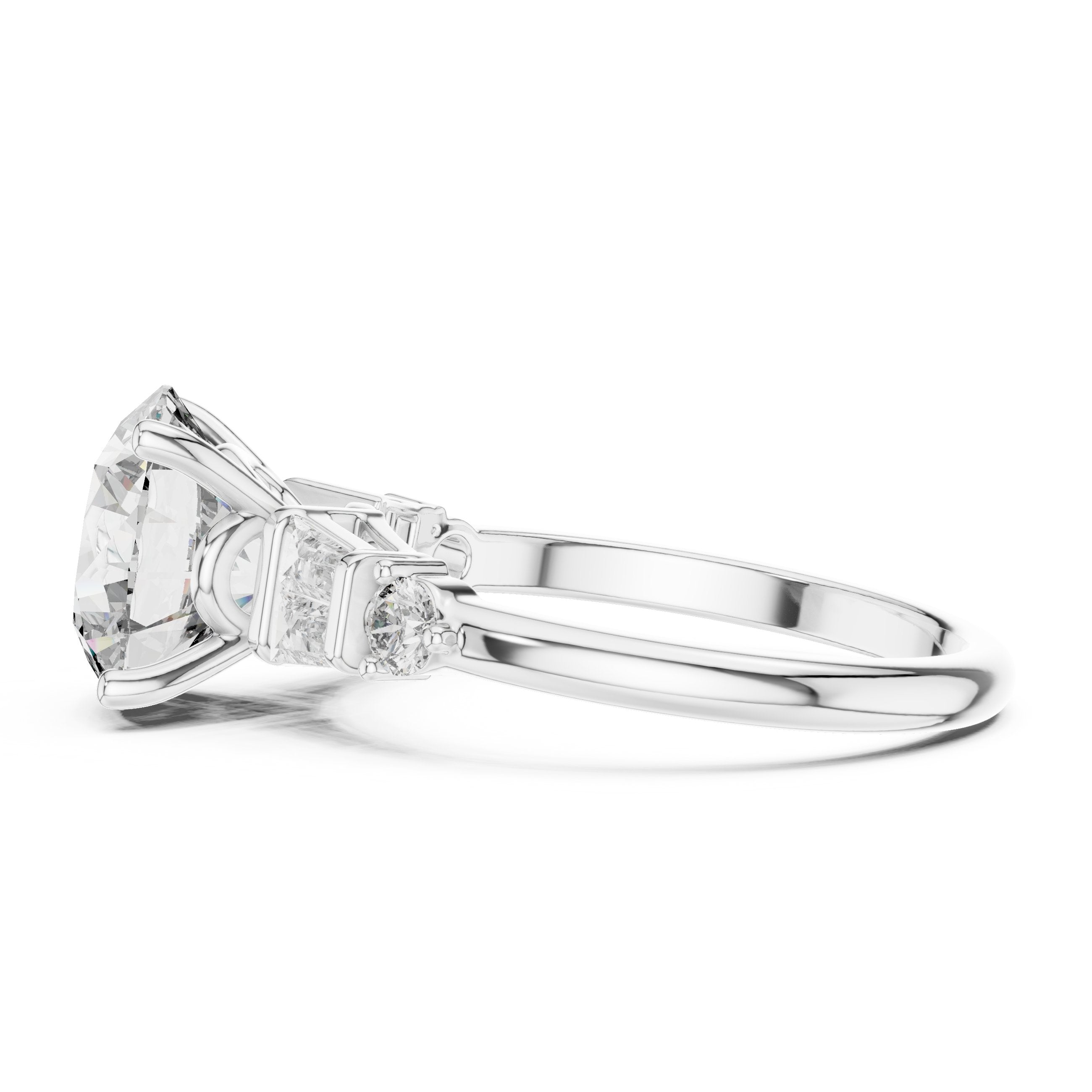 Round Diamond Engagement Ring with Tapered Baguette Side Accents in White Gold - VYKA Diamonds